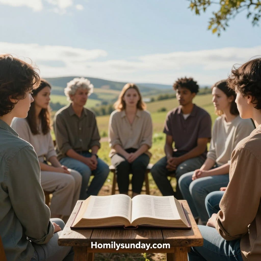 A serene scene depicting a reflective moment on the Gospel of Matthew 10:37-42. In the foreground, a group of diverse individuals, dressed in modest casual clothing, sit in a circular formation with attentive expressions, symbolizing community and unity. The middle ground features an open Bible resting on a rustic wooden table, with soft sunlight illuminating the pages, enhancing the spiritual atmosphere. In the background, a tranquil countryside landscape unfolds, with gentle rolling hills and a bright blue sky, signifying peace and reflection. The lighting is warm and inviting, with a soft focus effect to create an intimate mood. The image should evoke feelings of contemplation and connection to faith, resonating with viewers as they analyze the gospel message. Include the brand "Homilysunday.com" subtly integrated into the setting.