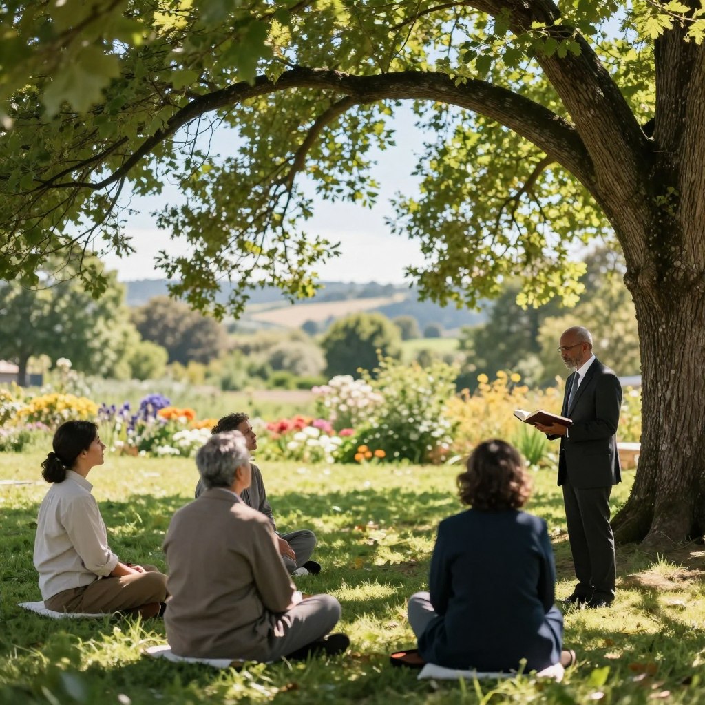 A serene scene depicting a religious sermon taking place outdoors beneath a large, leafy tree, symbolizing the intersection of Old and New Covenants. In the foreground, a diverse group of four individuals, dressed in modest, professional attire, attentively listens to a speaker who stands with an open Bible in hand. The middle ground features a soft, sunlit glade filled with vibrant flowers and lush greenery, evoking a peaceful atmosphere. A gentle light filters through the tree branches, casting dappled shadows on the ground. In the background, a soft-focus view of distant hills under a clear blue sky adds depth and tranquility. The overall mood is reflective, inspiring contemplation and connection among the audience.