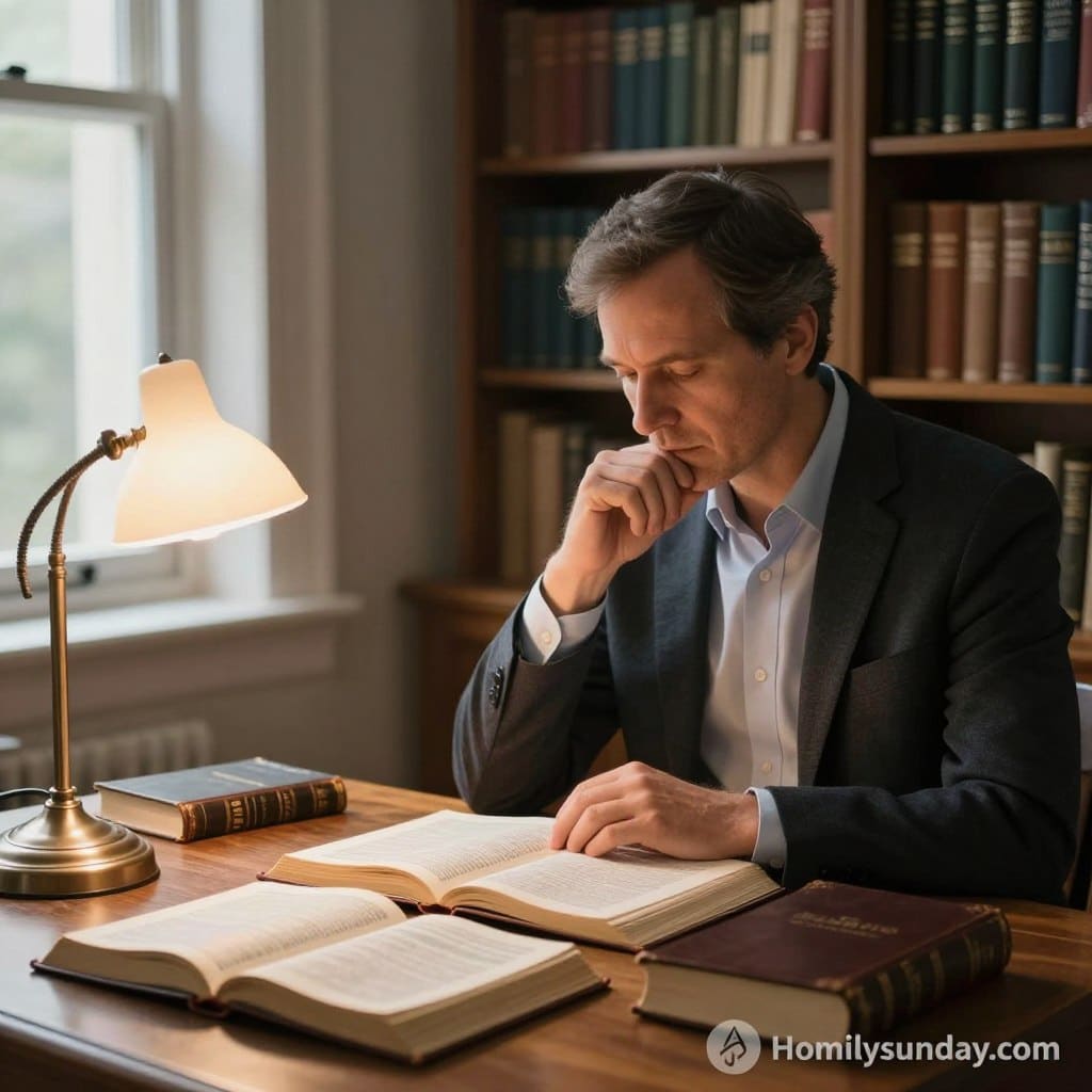 A serene study environment, portraying a thoughtful theologian deeply engaged in biblical interpretation. In the foreground, a wooden desk scattered with open scripture texts, and a classic leather-bound Bible, illuminated by soft, warm lighting emanating from a vintage desk lamp. The middle ground features a scholarly figure, a middle-aged man in a crisp dress shirt and blazer, reflecting thoughtfully while taking notes. In the background, a well-stocked bookshelf filled with theological works and liturgical texts, adding depth. Natural light filters through a nearby window, creating a tranquil atmosphere. The mood is contemplative and inspiring, emblematic of the profound connection between scripture and preaching techniques. A subtle logo of "Homilysunday.com" is present, indicating its relevance to homilies.