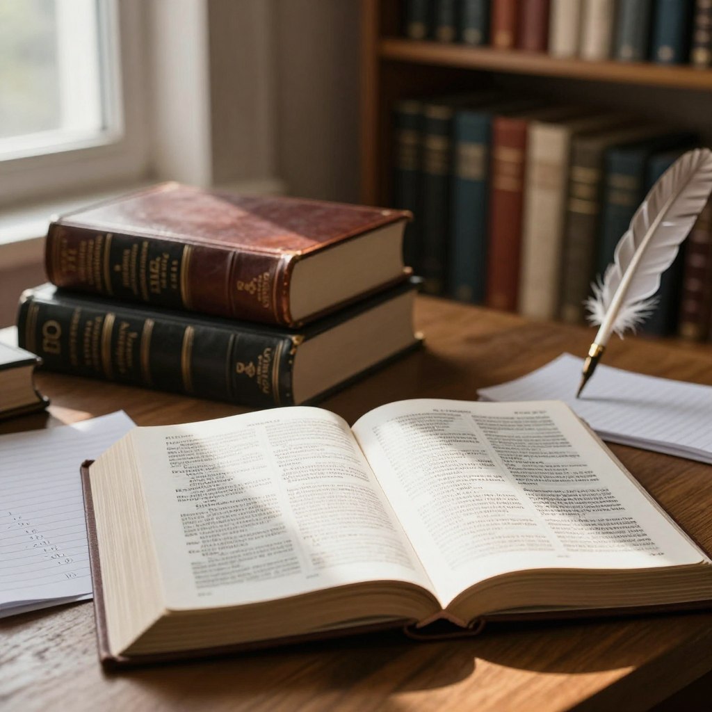 A serene study scene featuring an open Bible with the verses of Romans 5:12-15 highlighted, surrounded by notes and quill pens on a wooden desk. In the foreground, soft light from a nearby window casts a warm glow on the pages, illuminating the intricate lettering and illuminating the notes. In the middle, a stack of classic theological commentaries, richly bound in leather, adds depth to the scholarly atmosphere. The background shows a softly blurred bookshelf filled with additional religious texts and books, evoking a sense of wisdom and reflection. The mood is contemplative and peaceful, perfect for meditation on theological insights. The image should have a tranquil ambiance, encouraging deep thought and understanding, reflecting its importance in personal and communal faith discourse for Homilysunday.com.