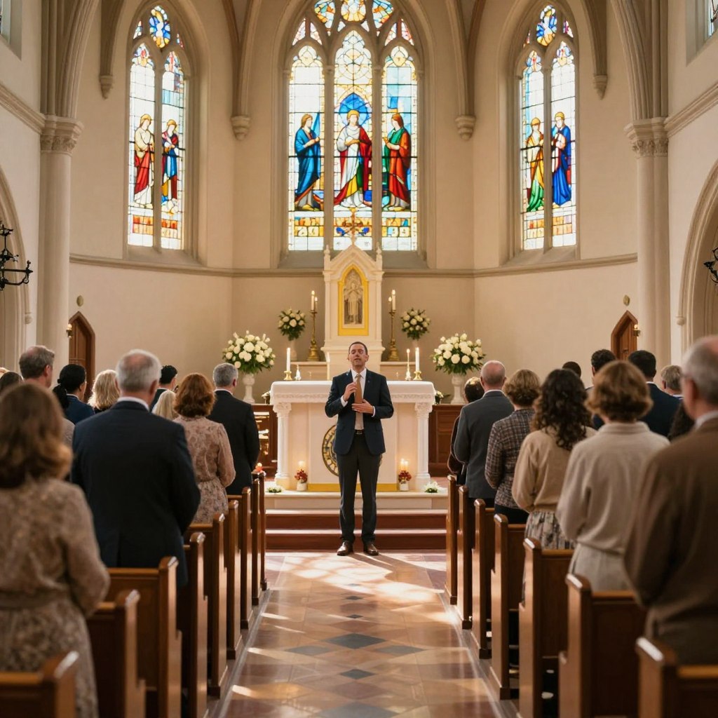 A warm and inviting Christian worship service scene set in a spacious, sunlit church. In the foreground, a diverse group of congregants, dressed in professional business attire and modest casual clothing, stand in prayer, their faces reflecting a sense of community and devotion. In the middle, a pastor stands at the altar, passionately delivering a message, surrounded by candles and soft floral arrangements. The background features stained-glass windows casting colorful light across the wooden pews, creating a sacred atmosphere filled with warmth. The overall mood is uplifting and serene, evoking a sense of togetherness and spiritual connection essential for community building. Render this image in a high-quality style, capturing the emotional depth of the worship experience. Homilysunday.com