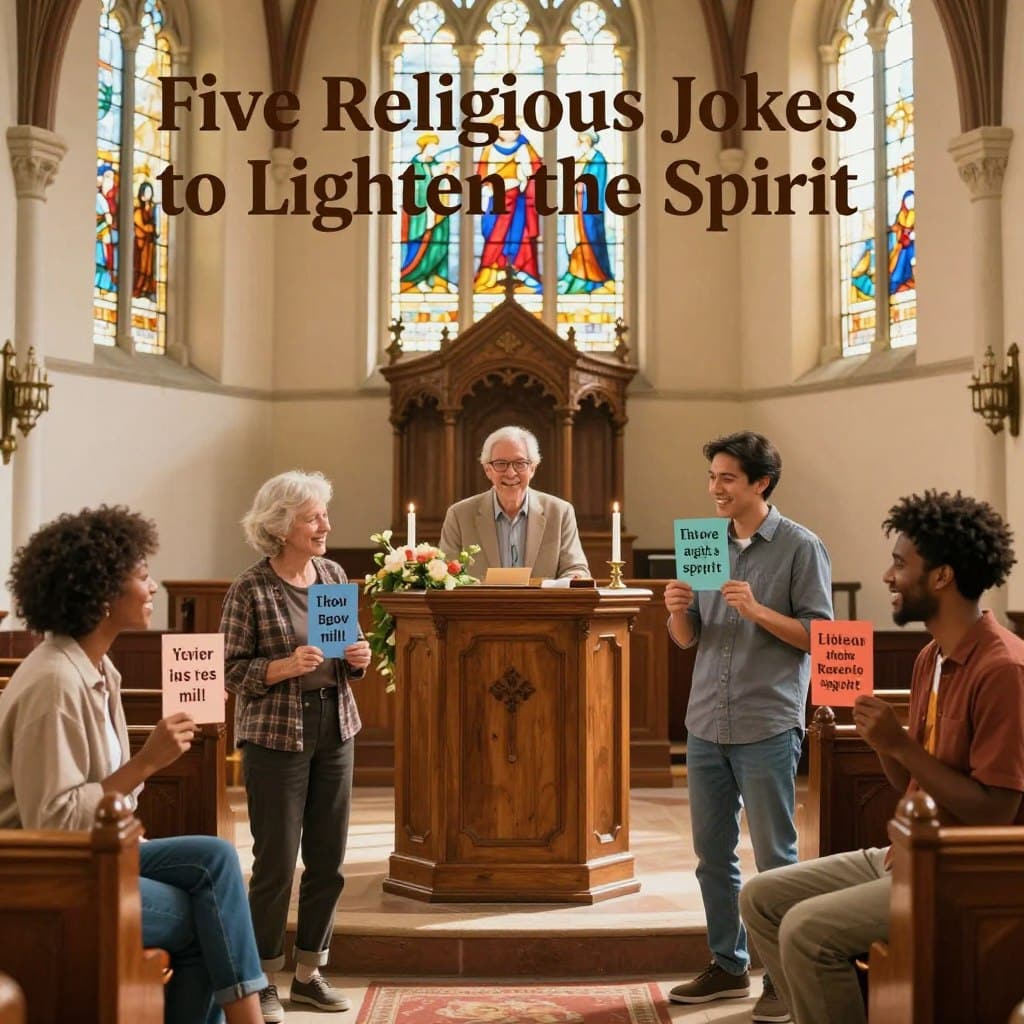 A warm and inviting scene depicting a cozy church interior infused with humor. In the foreground, a diverse group of five joyful people of different ages and backgrounds, dressed in modest casual clothing, share light-hearted moments, each holding one humorous religious joke on colorful cards. In the middle, a charming wooden pulpit adorned with flowers and candles captures the essence of a lighthearted sermon. The background features stained glass windows casting colorful sunlight, enhancing the uplifting atmosphere. The lighting is soft and warm, with a golden hue that evokes feelings of joy and community. The overall mood is cheerful and spirited, encapsulating the theme of "Five Religious Jokes to Lighten the Spirit" for the section from Homilysunday.com.