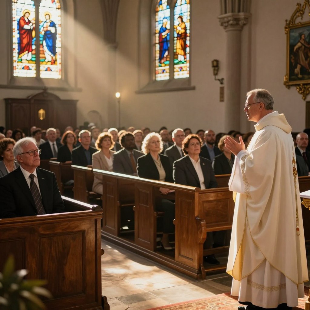 A warm, inviting interior of a modest church during a sermon. In the foreground, a priest in a formal white robe stands at the altar, gesturing with emotion as he speaks. The congregation, dressed in professional attire, sits attentively, reflecting a diverse group of individuals. In the middle, soft beams of golden light illuminate the priest, creating a reverent atmosphere. Wooden pews filled with worshippers embody a sense of community and spirituality. In the background, stained glass windows depict biblical scenes, casting colorful patterns on the stone floor. The overall mood is one of contemplation and deep connection to divine love, with an emphasis on the impact of the message being delivered.