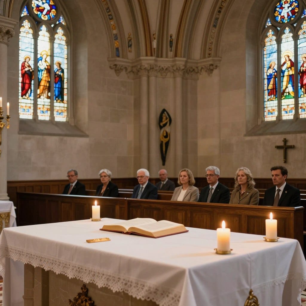 An elegant church interior, bathed in warm, soft light filtering through stained glass windows. Foreground features a beautifully arranged altar with a simple, white altar cloth, lit candles, and a liturgical book open, inviting study. Middle ground includes a wooden pew with a few parishioners, dressed in modest, professional attire, engaged in quiet reflection. Background reveals a high arched ceiling adorned with religious motifs and a subtle presence of religious symbols, enhancing the atmosphere of reverence and peace. The overall mood is solemn yet welcoming, suggesting a space for deeper understanding of liturgy. Capture this serene moment in a slightly angled perspective to emphasize depth. Ideal for a feature on liturgical study, representing the essence of study and reflection. Homilysunday.com.