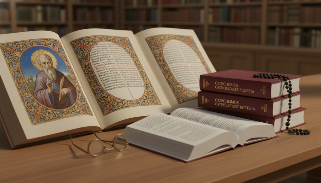 Ancient Catholic church fathers manuscripts and modern catechism books together
