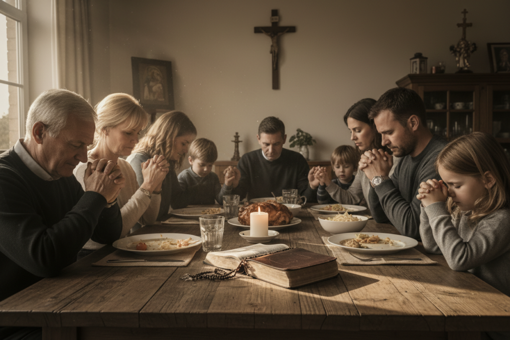 Catholic family praying together at dinner table with Bible open