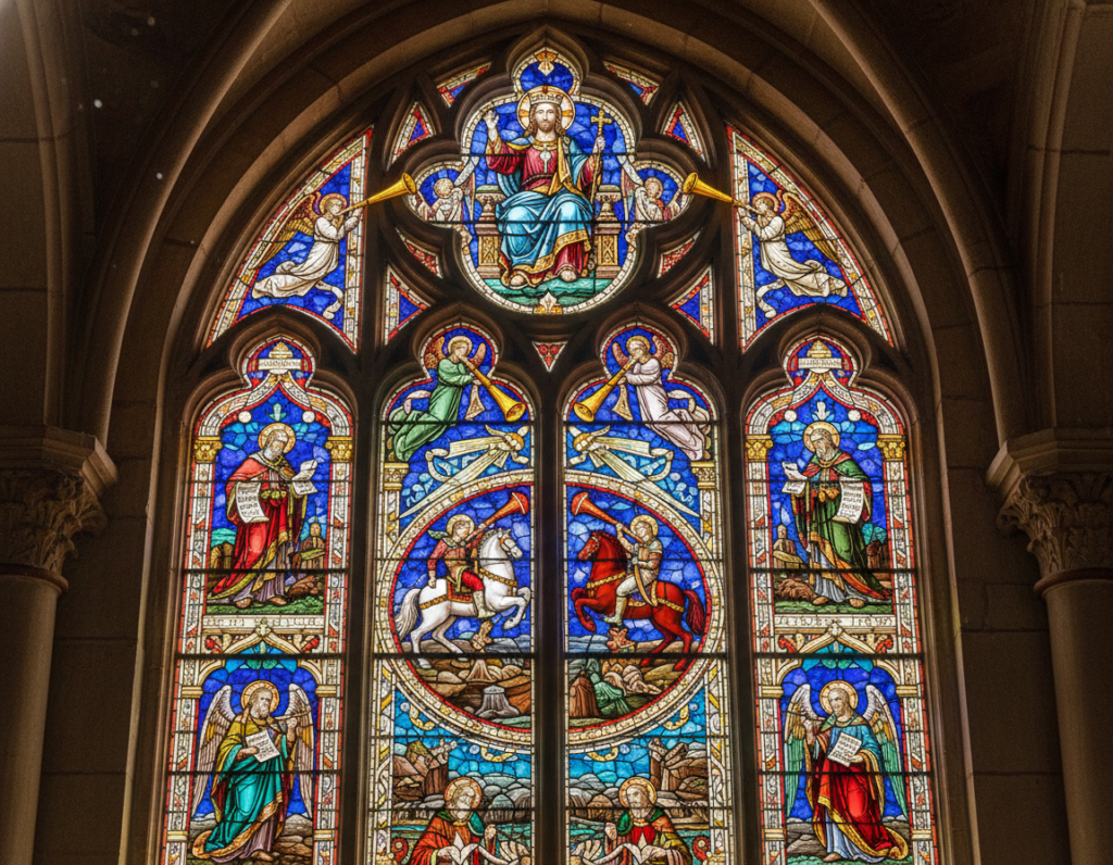 Church stained glass window depicting prophetic biblical scenes