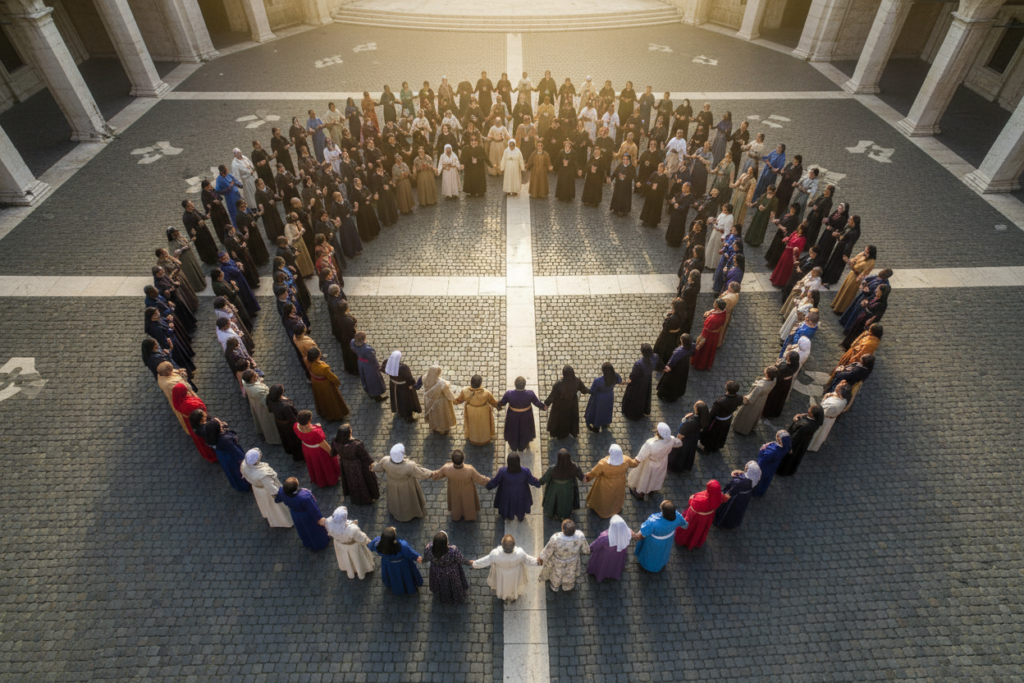 Diverse group of Catholics in prayer circle representing global Church unity
