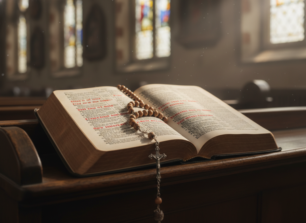 Open Bible showing Gospel passages about end times with rosary beads