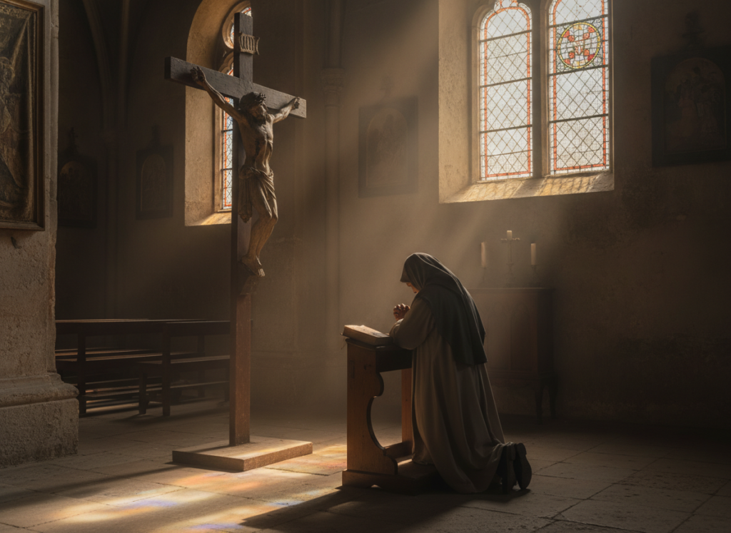 Person in prayer before crucifix in peaceful church setting