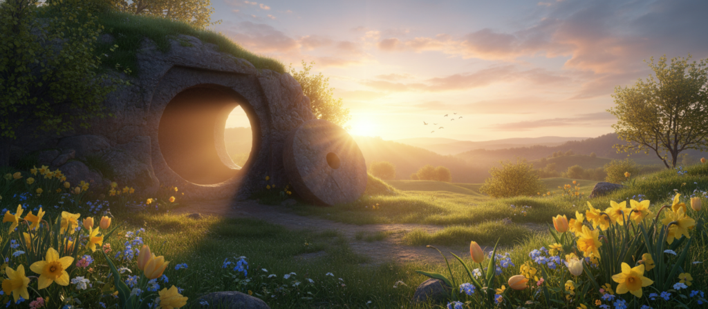 Sunrise over empty tomb representing resurrection hope