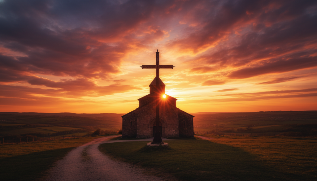 Sunset over church with cross silhouette representing hope and faithfulness