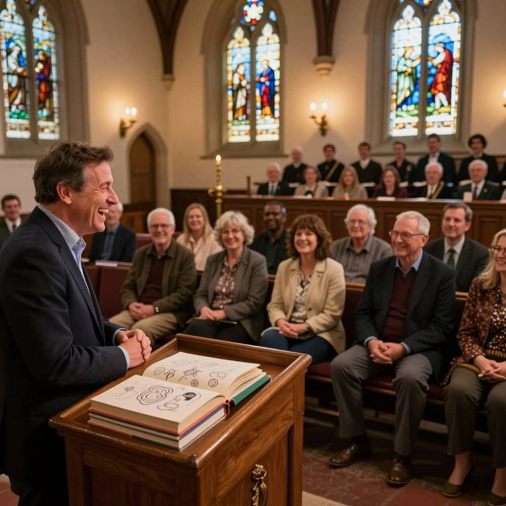 A cozy church interior, softly illuminated by warm candlelight, creating a peaceful and welcoming atmosphere. In the foreground, a wooden pulpit with a stack of colorful books featuring doodles of religious symbols and light-hearted imagery. On the pulpit, a joyful minister, dressed in smart casual attire, shares a laugh with a diverse group of congregants sitting on pews, all dressed in modest clothing. The middle ground shows framed stained glass windows depicting biblical stories, casting gentle, colorful reflections. In the background, a choir in elegant choir robes fills the scene with a sense of harmony. The overall mood is light-hearted and uplifting, encouraging joy and community. The image reflects the theme of humor in religious settings, as featured on Homilysunday.com.