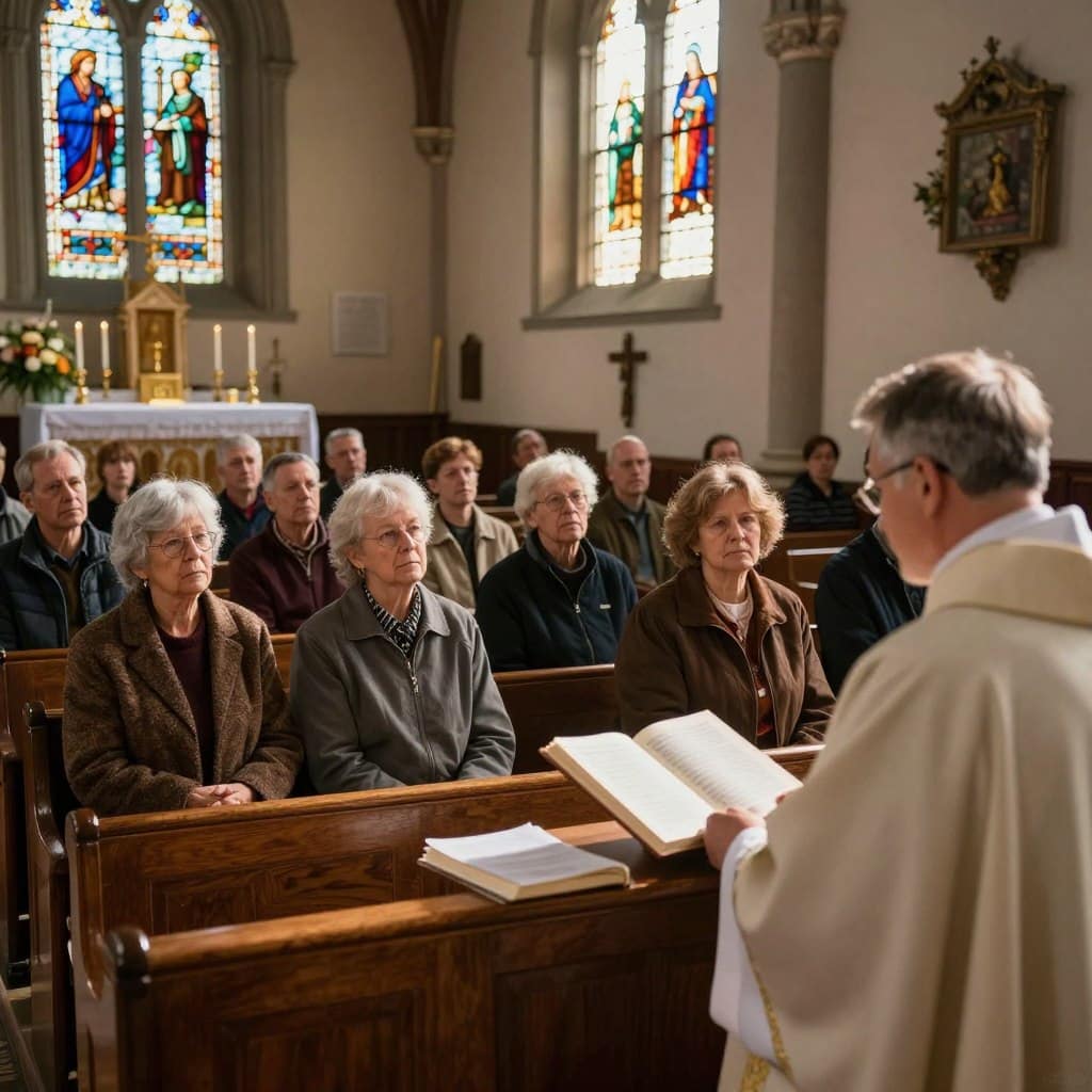A peaceful church interior during Sunday service, with sunlight streaming through stained glass windows, casting colorful reflections on the wooden pews. In the foreground, a clergy member in professional attire is preparing a homily, surrounded by open books and notes, symbolizing a moment of contemplation and study. In the middle, congregants of various ages are quietly listening, their expressions reflective and engaged, promoting a sense of community and faith. In the background, the altar is adorned with candles and floral arrangements, enhancing the spiritual atmosphere. The lighting is warm and inviting, creating a serene and contemplative mood. This scene embodies the essence of resources for further study and reflection within the context of the Seventeenth Sunday in Ordinary Time. Homilysunday.com. A peaceful church interior during Sunday service, with sunlight streaming through stained glass windows, casting colorful reflections on the wooden pews. In the foreground, a clergy member in professional attire is preparing a homily, surrounded by open books and notes, symbolizing a moment of contemplation and study. In the middle, congregants of various ages are quietly listening, their expressions reflective and engaged, promoting a sense of community and faith. In the background, the altar is adorned with candles and floral arrangements, enhancing the spiritual atmosphere. The lighting is warm and inviting, creating a serene and contemplative mood. This scene embodies the essence of resources for further study and reflection within the context of the Seventeenth Sunday in Ordinary Time. Homilysunday.com.