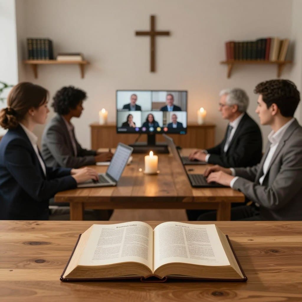 A serene and contemplative online religious sermon setting, featuring a diverse group of four individuals dressed in professional business attire. In the foreground, a warm wooden table with a Bible open to Romans 8:28-30, illuminated by soft golden light. The middle ground showcases the speakers engaging with a video conferencing setup, laptops and candles creating a sacred atmosphere. The background features a softly lit, minimalistic room with shelves of religious texts and a subtle cross on the wall, conveying a sense of faith and unity. The overall mood is reflective and inspiring, capturing the essence of a spiritual discourse. Homilysunday.com is subtly integrated in the design elements, enhancing the theme without distractions. A serene and contemplative online religious sermon setting, featuring a diverse group of four individuals dressed in professional business attire. In the foreground, a warm wooden table with a Bible open to Romans 8:28-30, illuminated by soft golden light. The middle ground showcases the speakers engaging with a video conferencing setup, laptops and candles creating a sacred atmosphere. The background features a softly lit, minimalistic room with shelves of religious texts and a subtle cross on the wall, conveying a sense of faith and unity. The overall mood is reflective and inspiring, capturing the essence of a spiritual discourse. Homilysunday.com is subtly integrated in the design elements, enhancing the theme without distractions.