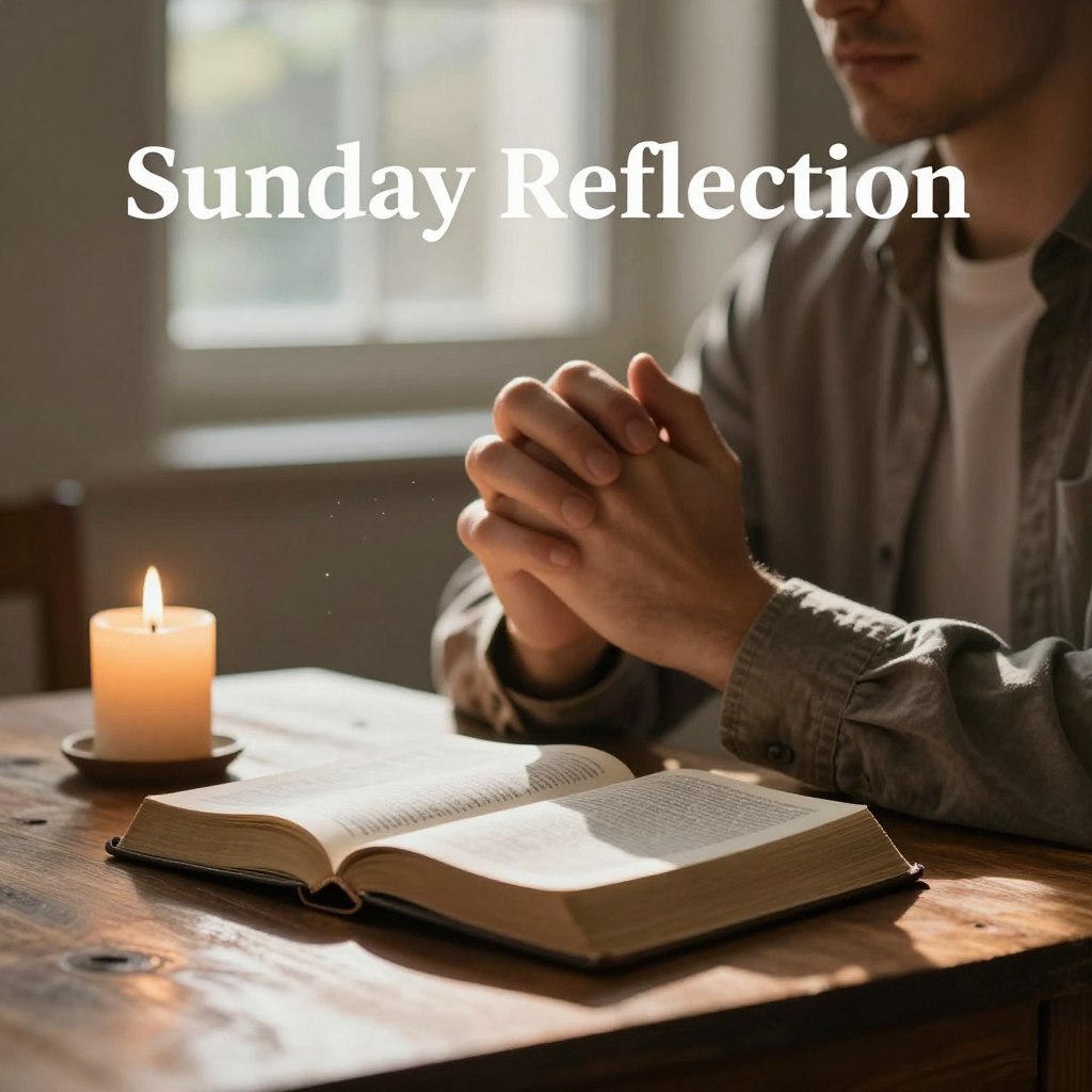 A serene and contemplative scene depicting "Sunday Reflection." In the foreground, a sturdy wooden table holds an open Bible, with a lit candle flickering softly beside it, casting gentle shadows. In the middle ground, a pair of hands clasped in prayer reflect a sense of serenity and introspection, dressed in modest casual attire. The background features a softly lit window, with dappled sunlight streaming through, illuminating the dust particles in the air. The ambiance is peaceful and warm, evoking a sense of tranquility and spiritual connection. The overall mood invites viewers to pause and reflect on moral stories, capturing the essence of this Sixteenth Sunday in Ordinary Time. This image is presented in a soft focus, with a bokeh effect enhancing the depth. Render this scene in high resolution, created for Homilysunday.com.