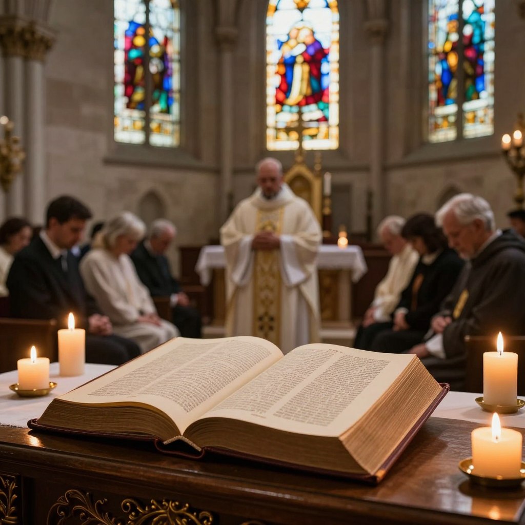 A serene and contemplative scene depicting gospel readings during a Holy Mass setting. In the foreground, an open, beautifully illustrated Bible rests on an ornate wooden altar, with soft golden light illuminating the pages. Surrounding the Bible are delicate lit candles adding a warm glow. In the middle ground, a priest in modest clerical attire is standing, leading a congregation in prayer, their heads bowed in reverence. The background features stained glass windows casting vibrant patterns of color onto the stone walls, enhancing the sacred atmosphere. The image captures a sense of peace and devotion, emphasizing the spiritual importance of the Five Prayers of the Faithful. Ideal lighting is warm and inviting, akin to early morning or late afternoon sunlight. Homilysunday.com