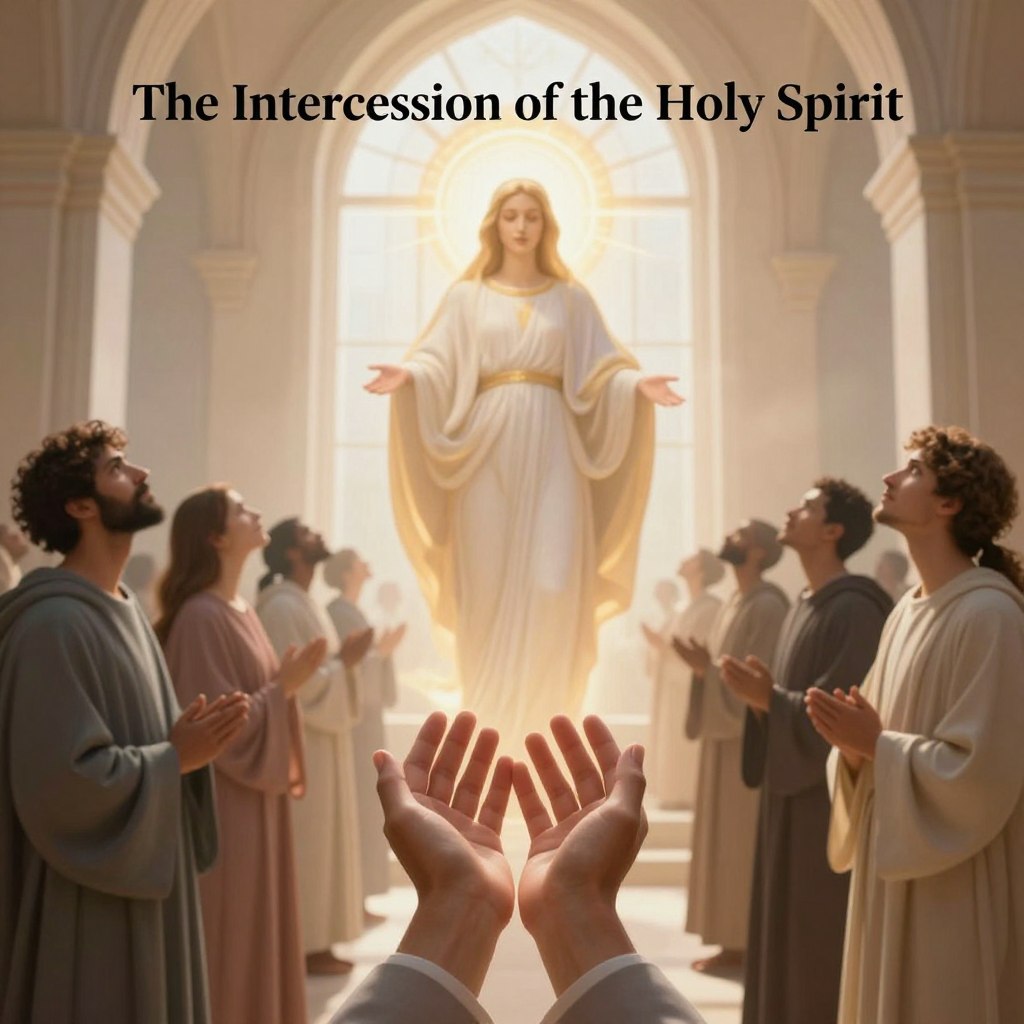 A serene and ethereal depiction of "The Intercession of the Holy Spirit," showcasing a radiant figure symbolizing the Holy Spirit, enveloped in a luminous, flowing aura. In the foreground, gentle hands, portrayed in a professional context, are raised in prayer, symbolizing devotion and surrender. The middle ground features an array of diverse believers, dressed in modest, respectful attire, their faces uplifted in hope and faith, each expressing deep connection. In the background, a soft, heavenly light streams through a grand arched window, illuminating the scene with warm golds and soft whites, creating an atmosphere of peace and inspiration. The composition should evoke feelings of tranquility and divine presence, ideal for a reflective moment. Homilysunday.com.