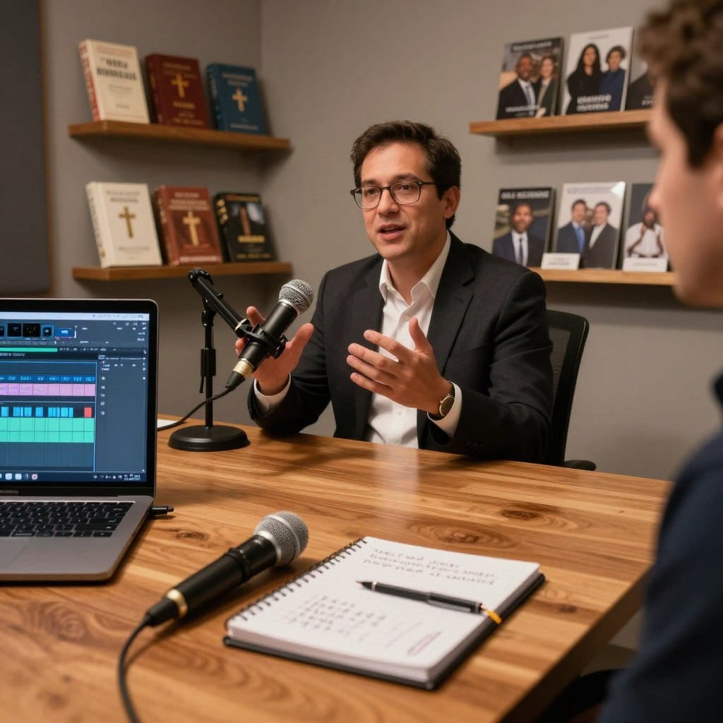 A serene and inviting podcast studio setting designed for a Catholic homily, featuring warm, soft lighting that casts gentle shadows. In the foreground, a polished wooden table holds a microphone and a notebook filled with handwritten notes. A laptop displays audio editing software, symbolizing the digital aspect of sharing faith. In the middle ground, a person dressed in professional business attire is in mid-sentence, appearing engaged and thoughtful while using hand gestures to emphasize points. The background showcases shelves lined with religious texts and community-focused images, creating an atmosphere of shared faith. The image should evoke a sense of connection and reflection within a community context. Include the logo "Homilysunday.com" subtly integrated into the design. A serene and inviting podcast studio setting designed for a Catholic homily, featuring warm, soft lighting that casts gentle shadows. In the foreground, a polished wooden table holds a microphone and a notebook filled with handwritten notes. A laptop displays audio editing software, symbolizing the digital aspect of sharing faith. In the middle ground, a person dressed in professional business attire is in mid-sentence, appearing engaged and thoughtful while using hand gestures to emphasize points. The background showcases shelves lined with religious texts and community-focused images, creating an atmosphere of shared faith. The image should evoke a sense of connection and reflection within a community context. Include the logo "Homilysunday.com" subtly integrated into the design.