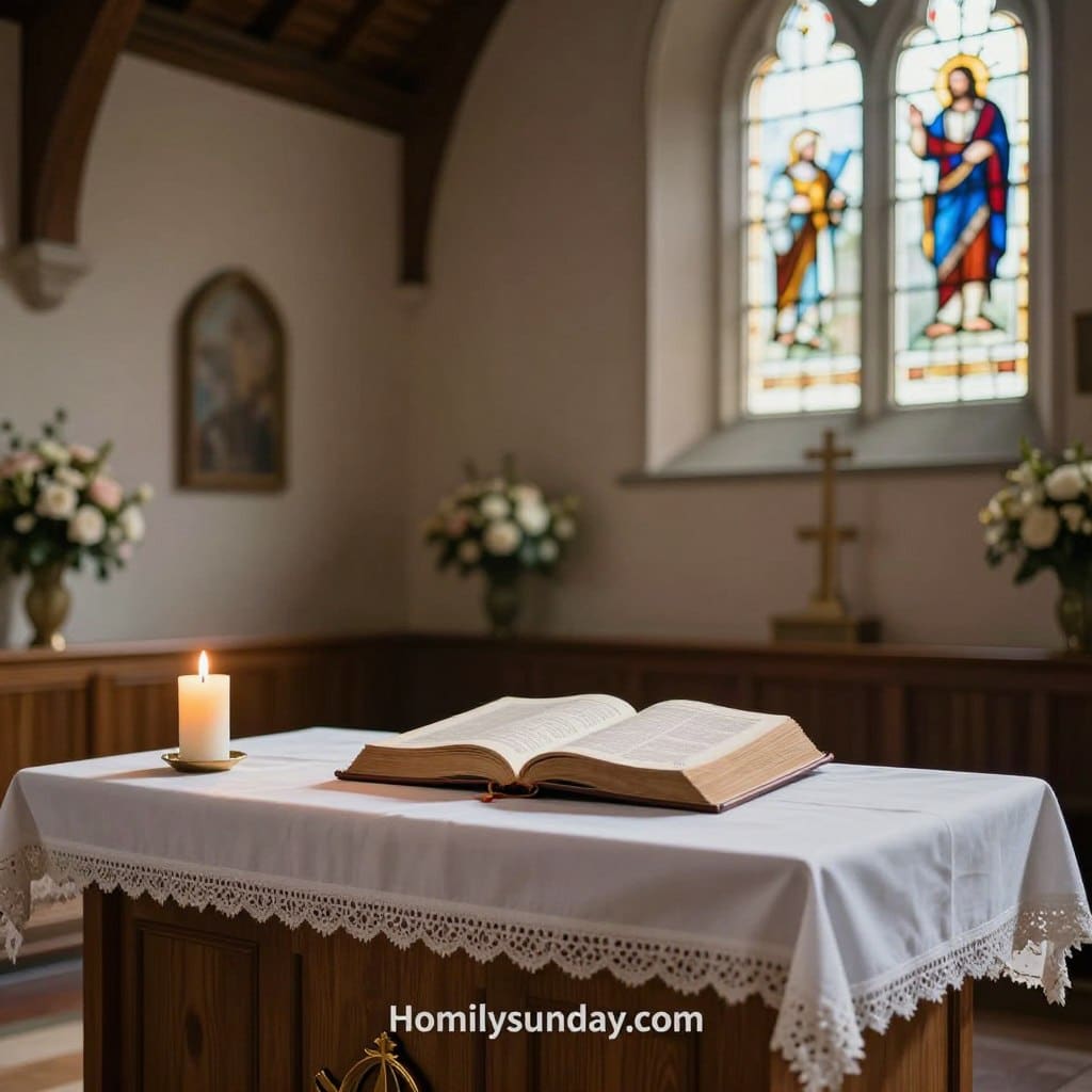 A serene and uplifting scene depicting a spiritual message for Sunday, inspired by Psalm 119. In the foreground, a wooden church altar adorned with a white cloth and a lit candle, symbolizing divine light and reflection. In the middle ground, an open Bible with highlighted scripture verses, softly illuminated by warm, natural light filtering through stained glass windows. Surrounding the Bible are subtle floral arrangements, enhancing the atmosphere of peace and reverence. The background showcases a tranquil church interior with wooden beams and calming colors, inviting contemplation. The image is composed in a slightly elevated angle, creating a sense of depth. Capture the essence of spirituality and reflection, aimed at connecting with viewers seeking a deeper understanding of faith. Incorporate the brand "Homilysunday.com" subtly in the scene. A serene and uplifting scene depicting a spiritual message for Sunday, inspired by Psalm 119. In the foreground, a wooden church altar adorned with a white cloth and a lit candle, symbolizing divine light and reflection. In the middle ground, an open Bible with highlighted scripture verses, softly illuminated by warm, natural light filtering through stained glass windows. Surrounding the Bible are subtle floral arrangements, enhancing the atmosphere of peace and reverence. The background showcases a tranquil church interior with wooden beams and calming colors, inviting contemplation. The image is composed in a slightly elevated angle, creating a sense of depth. Capture the essence of spirituality and reflection, aimed at connecting with viewers seeking a deeper understanding of faith. Incorporate the brand "Homilysunday.com" subtly in the scene.