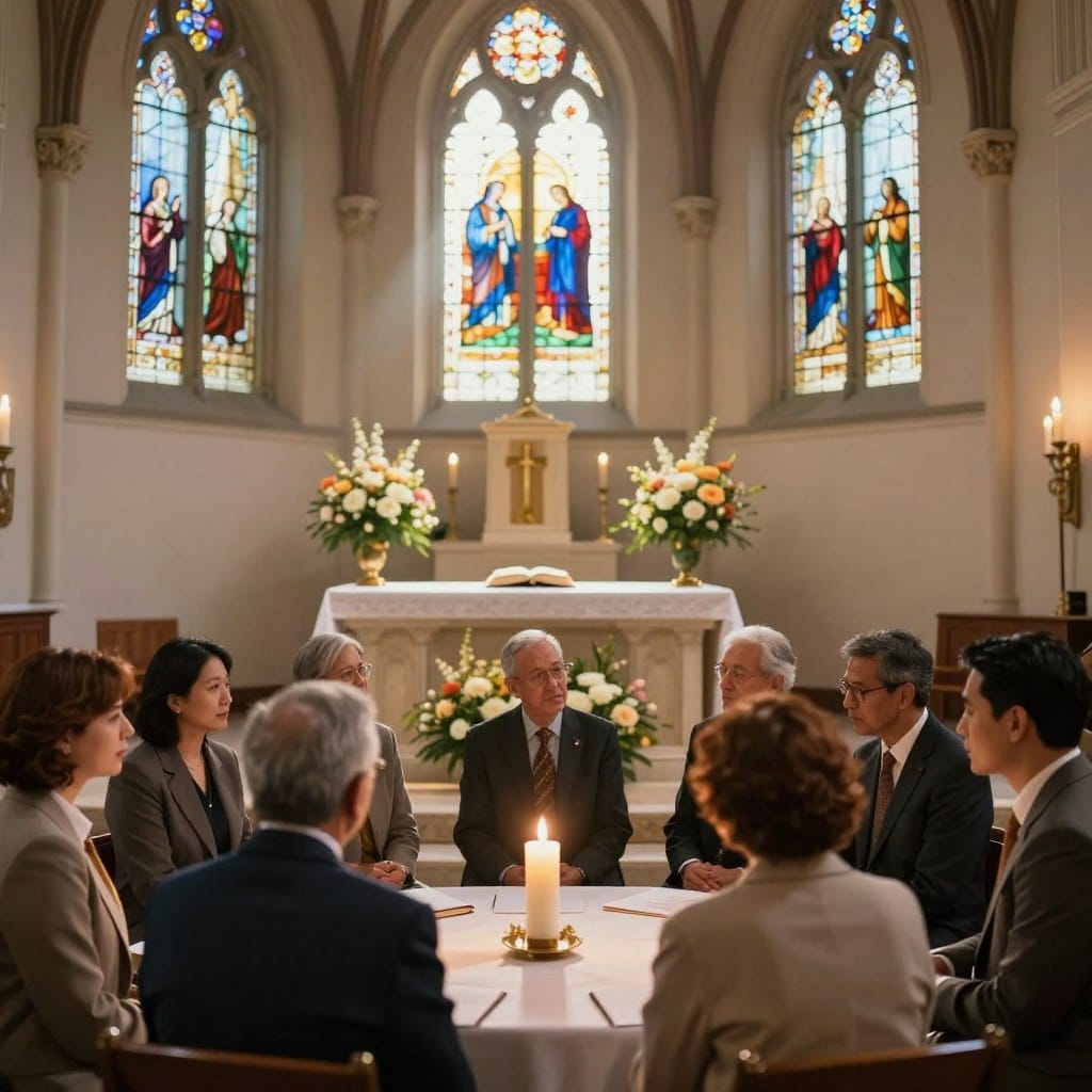 A serene and uplifting scene depicting the spiritual insights associated with liturgical participation. In the foreground, a diverse group of individuals dressed in professional business attire and modest casual clothing, engaged in a thoughtful discussion around a large candle, symbolizing enlightenment and unity. In the middle ground, a stone altar adorned with fresh flowers and a Bible, reflecting the importance of scripture in Catholic worship. The background features arched stained glass windows casting colorful beams of light across the room, creating a warm, inviting atmosphere. Soft, ethereal lighting enhances the sense of spirituality, while a slightly elevated angle captures both the discussions and the beautiful architecture. The overall mood conveys a sense of community, reflection, and connection to faith. Homilysunday.com.