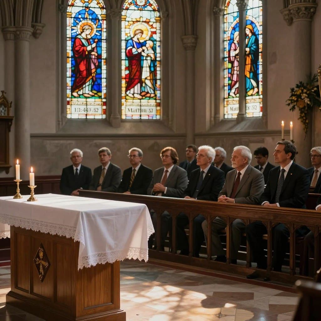 A serene church interior bathed in soft, warm light, reflecting the essence of Sunday worship. In the foreground, a wooden altar adorned with a simple yet elegant white cloth, emphasizing humility and reverence. To the side, a candle gently flickers, casting delicate shadows. In the middle ground, a diverse group of people in professional business attire engaged in thoughtful conversation, their expressions conveying contemplation and inspiration, embodying the spirit of community. Through large stained-glass windows in the background, vibrant colors filter in, depicting biblical scenes that resonate with Matthew 13:44-52, enhancing the atmosphere of reflection and understanding. The overall mood is peaceful and introspective, inviting viewers to connect spiritually with the gospel message. This image will be used by Homilysunday.com to illustrate a homily reflection. A serene church interior bathed in soft, warm light, reflecting the essence of Sunday worship. In the foreground, a wooden altar adorned with a simple yet elegant white cloth, emphasizing humility and reverence. To the side, a candle gently flickers, casting delicate shadows. In the middle ground, a diverse group of people in professional business attire engaged in thoughtful conversation, their expressions conveying contemplation and inspiration, embodying the spirit of community. Through large stained-glass windows in the background, vibrant colors filter in, depicting biblical scenes that resonate with Matthew 13:44-52, enhancing the atmosphere of reflection and understanding. The overall mood is peaceful and introspective, inviting viewers to connect spiritually with the gospel message. This image will be used by Homilysunday.com to illustrate a homily reflection.