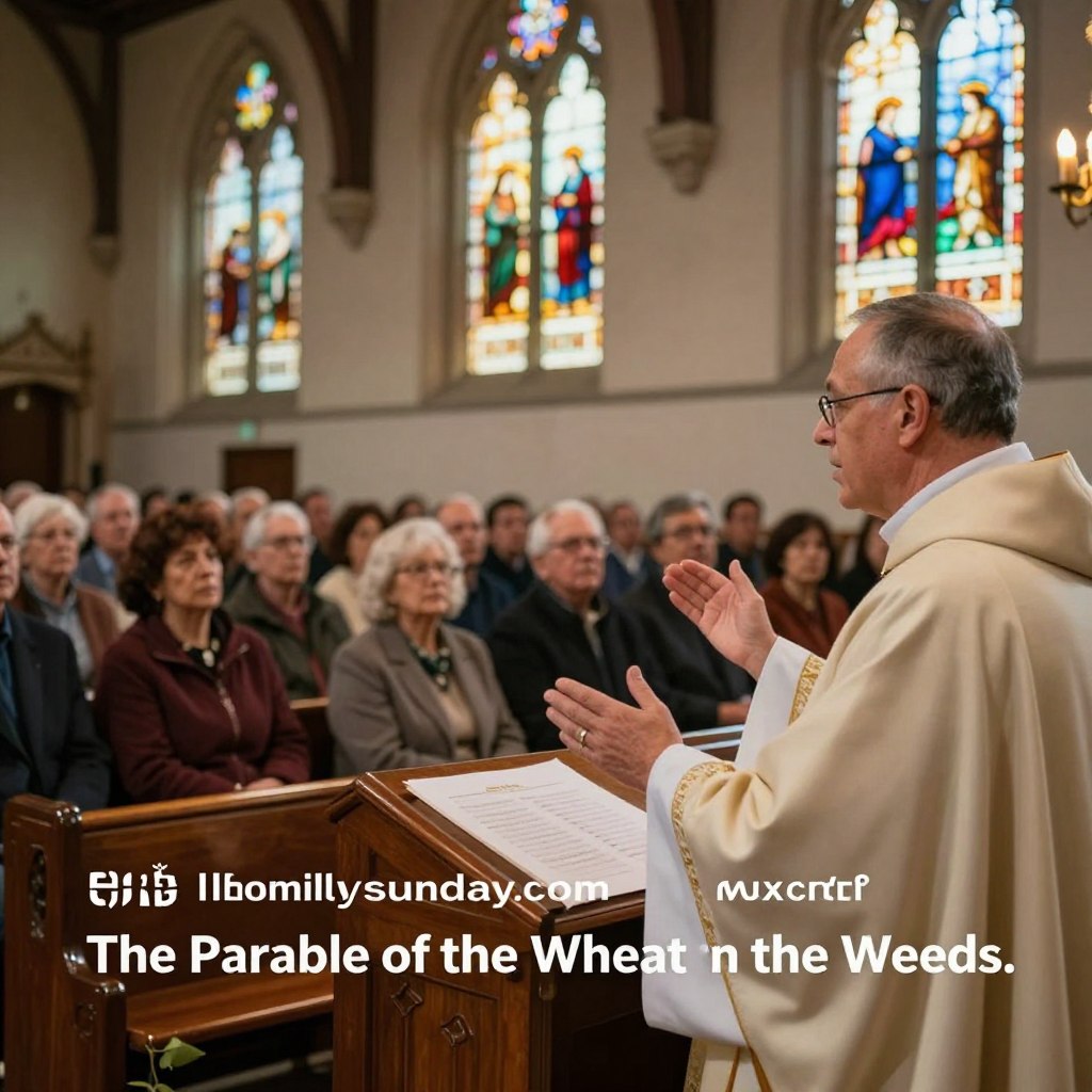 A serene church interior during a Sunday service, featuring a Catholic priest in modest attire, passionately preaching at the pulpit. In the foreground, the priest’s expressive face reflects a deep connection to his message. The middle ground shows an engaged congregation, diverse in age and ethnicity, attentively listening. The background reveals ornate stained-glass windows casting colorful light patterns across the wooden pews, enhancing the sacred atmosphere. Soft, warm lighting illuminates the scene, creating an inviting and reflective mood. Capture this moment from a slightly low angle, emphasizing the priest and conveying a sense of inspiration and reverence. Ideal for "Homilysunday.com," this image embodies the essence of "The Parable of the Wheat and the Weeds."