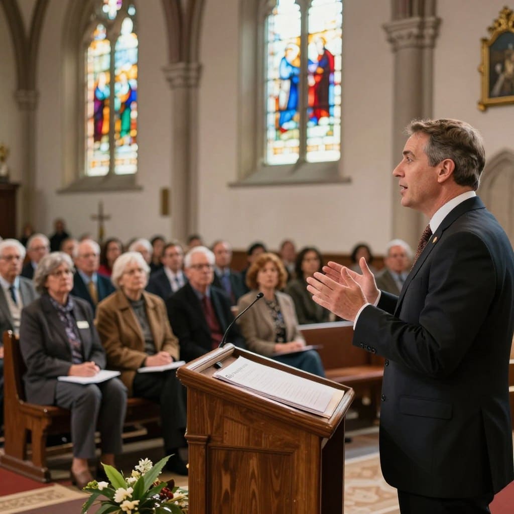 A serene church interior during a Sunday service, featuring a well-dressed pastor standing at the pulpit, delivering a passionate homily. The foreground showcases the pastor with an engaging expression, hands gesturing enthusiastically, dressed in a professional suit. In the middle ground, a diverse congregation of attentive parishioners is seated, some taking notes, while others listen intently, reflecting a deep connection to the message. The background reveals stained glass windows casting colorful light onto the scene, enhancing the atmosphere of warmth and spirituality. Soft, natural lighting pours in, illuminating the space and creating a calm, inviting mood. This image symbolizes the essence of an engaging Sunday homily, embodying the themes of reflection and community. Include the brand name "Homilysunday.com" subtly integrated into the setting. A serene church interior during a Sunday service, featuring a well-dressed pastor standing at the pulpit, delivering a passionate homily. The foreground showcases the pastor with an engaging expression, hands gesturing enthusiastically, dressed in a professional suit. In the middle ground, a diverse congregation of attentive parishioners is seated, some taking notes, while others listen intently, reflecting a deep connection to the message. The background reveals stained glass windows casting colorful light onto the scene, enhancing the atmosphere of warmth and spirituality. Soft, natural lighting pours in, illuminating the space and creating a calm, inviting mood. This image symbolizes the essence of an engaging Sunday homily, embodying the themes of reflection and community. Include the brand name "Homilysunday.com" subtly integrated into the setting.