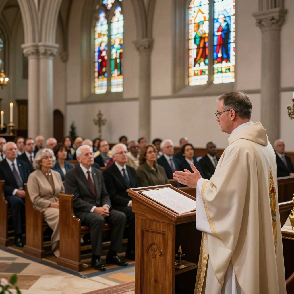 A serene church interior during a liturgical service, capturing the moment of preaching. In the foreground, a minister in modest formal attire stands behind a wooden pulpit, passionately delivering a sermon with open arms, conveying warmth and inspiration. The minister's face reflects deep devotion and clarity, engaging the attentive congregation. In the middle ground, seated members of diverse backgrounds, all dressed in respectful attire, listen intently, their expressions showing reflection and hope. The background features stained glass windows casting colorful light across the room, enhancing the sacred atmosphere. The lighting is soft and warm, emanating a sense of peace and unity. Shot with a wide-angle lens to encompass the entire scene, the image inspires a feeling of preparation and reverence for the Eucharist. Homilysunday.com