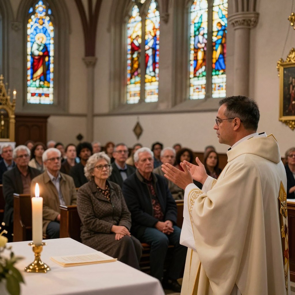 A serene church interior during a liturgical service, focusing on a preacher delivering a heartfelt homily. In the foreground, a well-dressed male preacher in professional attire gestures passionately, framed by candlelight glowing softly on the altar. In the middle ground, attentive congregants of diverse backgrounds listen intently, their expressions reflecting contemplation and inspiration. The background features stained glass windows depicting biblical scenes, allowing warm, colored light to filter in, creating a peaceful ambiance. The atmosphere is respectful, filled with a sense of community and spiritual upliftment. Use soft, natural lighting to enhance the cozy feel and depth of the space, captured from a slightly elevated angle to encompass both the preacher and the congregation harmoniously. Homilysunday.com.