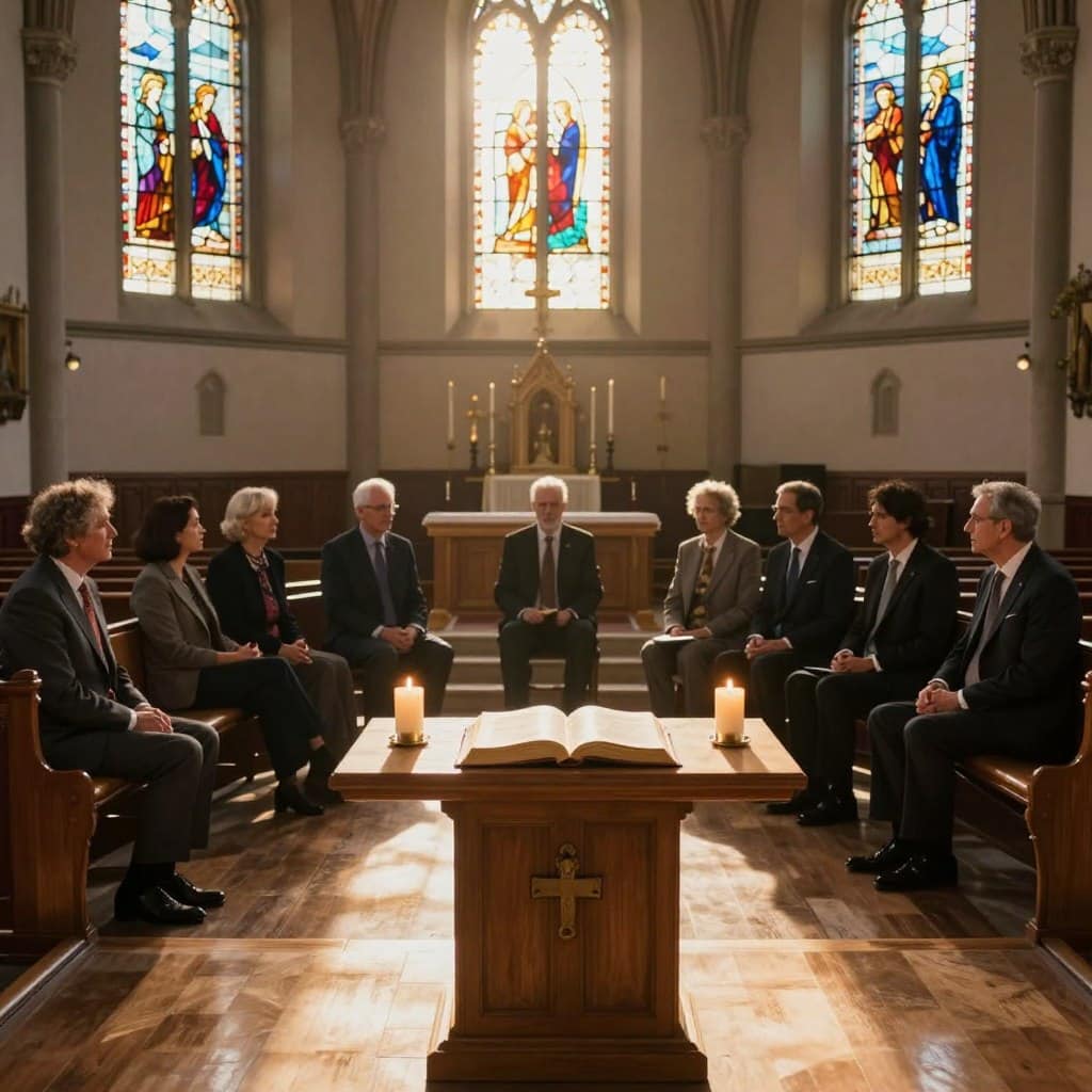 A serene church interior during a sunlit Sunday morning, with warm, golden light streaming through stained glass windows, casting colorful reflections onto polished wooden pews. In the foreground, a modest wooden altar holds an open Bible, surrounded by lit candles, symbolizing prayer and reflection. The middle ground features a diverse group of individuals in professional business attire, engaged in thoughtful discussion around the importance of developing Prayers of the Faithful for Holy Mass. In the background, rows of pews extend toward the altar, inviting a sense of community and reverence. The atmosphere is calm and reflective, encouraging deep contemplation on spirituality. The image should evoke a sense of peace and connection to faith. Homilysunday.com. A serene church interior during a sunlit Sunday morning, with warm, golden light streaming through stained glass windows, casting colorful reflections onto polished wooden pews. In the foreground, a modest wooden altar holds an open Bible, surrounded by lit candles, symbolizing prayer and reflection. The middle ground features a diverse group of individuals in professional business attire, engaged in thoughtful discussion around the importance of developing Prayers of the Faithful for Holy Mass. In the background, rows of pews extend toward the altar, inviting a sense of community and reverence. The atmosphere is calm and reflective, encouraging deep contemplation on spirituality. The image should evoke a sense of peace and connection to faith. Homilysunday.com.