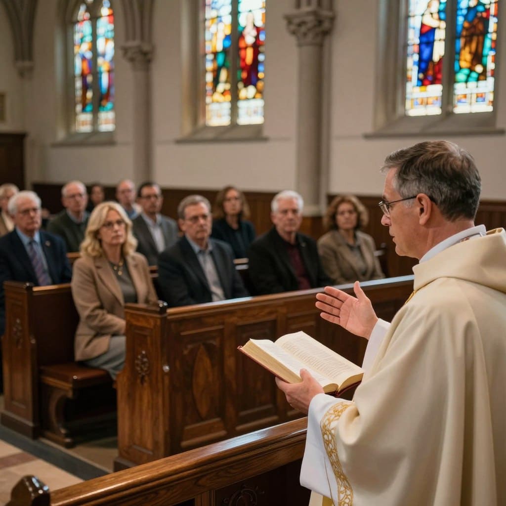 A serene church interior during the Seventeenth Sunday in Ordinary Time, featuring a professional clergy member in modest attire delivering a homily. The foreground shows the speaker passionately engaging the congregation, gesturing expressively with an open Bible in hand. In the middle, attentive parishioners of diverse backgrounds, dressed in smart casual clothing, listening intently, reflecting a sense of community. The background reveals stained glass windows casting colorful light onto polished wooden pews, enhancing the atmosphere of reverence and contemplation. The lighting is soft yet uplifting, with a warm, inviting glow. The mood is reflective and spiritual, inviting viewers to contemplate the core themes of the homily. Incorporate subtle elements that relate to the essence of "Homilysunday.com" without text. A serene church interior during the Seventeenth Sunday in Ordinary Time, featuring a professional clergy member in modest attire delivering a homily. The foreground shows the speaker passionately engaging the congregation, gesturing expressively with an open Bible in hand. In the middle, attentive parishioners of diverse backgrounds, dressed in smart casual clothing, listening intently, reflecting a sense of community. The background reveals stained glass windows casting colorful light onto polished wooden pews, enhancing the atmosphere of reverence and contemplation. The lighting is soft yet uplifting, with a warm, inviting glow. The mood is reflective and spiritual, inviting viewers to contemplate the core themes of the homily. Incorporate subtle elements that relate to the essence of "Homilysunday.com" without text.