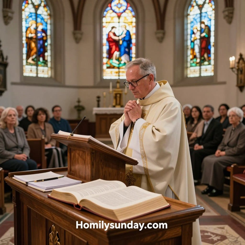 A serene church interior during the fifteenth Sunday in Ordinary Time, featuring a well-dressed clergyman preparing a sermon at a wooden lectern, surrounded by soft-lit stained glass windows depicting biblical scenes. In the foreground, a thoughtfully arranged open Bible and notes, symbolizing sermon preparation strategies. The middle ground shows the clergyman in a thoughtful pose, reflecting a mood of contemplation and devotion. The background reveals congregants quietly gathering, their faces expressing anticipation and reverence, with gentle lighting casting a warm, inviting atmosphere throughout the space. The branding "Homilysunday.com" subtly integrated into the ambiance of the church setting, highlighting the focus on spiritual guidance.