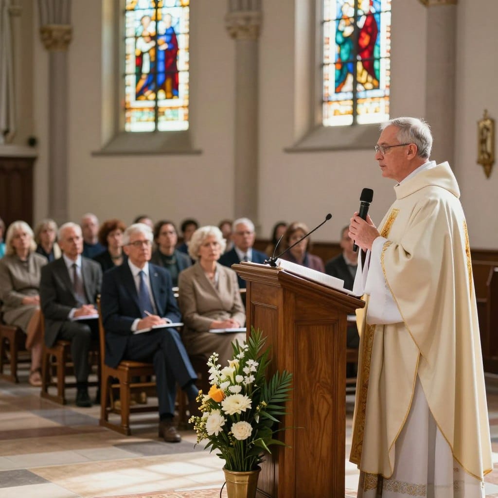 A serene church interior during the fifteenth Sunday in Ordinary Time, featuring a well-dressed clergy member delivering a thoughtful homily at the altar. The foreground shows a wooden pulpit adorned with a floral arrangement, symbolizing the season. In the middle, attentive congregation members of diverse backgrounds are seated, some taking notes, others listening intently, all dressed in modest, professional clothing. The background features stained glass windows casting soft, colorful light on the scene, creating a warm and inviting atmosphere. The lighting is soft, suggesting an early afternoon sun, with a shallow depth of field to emphasize the speaker. The overall mood is reflective and inspirational, capturing the core themes of faith and community in worship, as seen on Homilysunday.com.