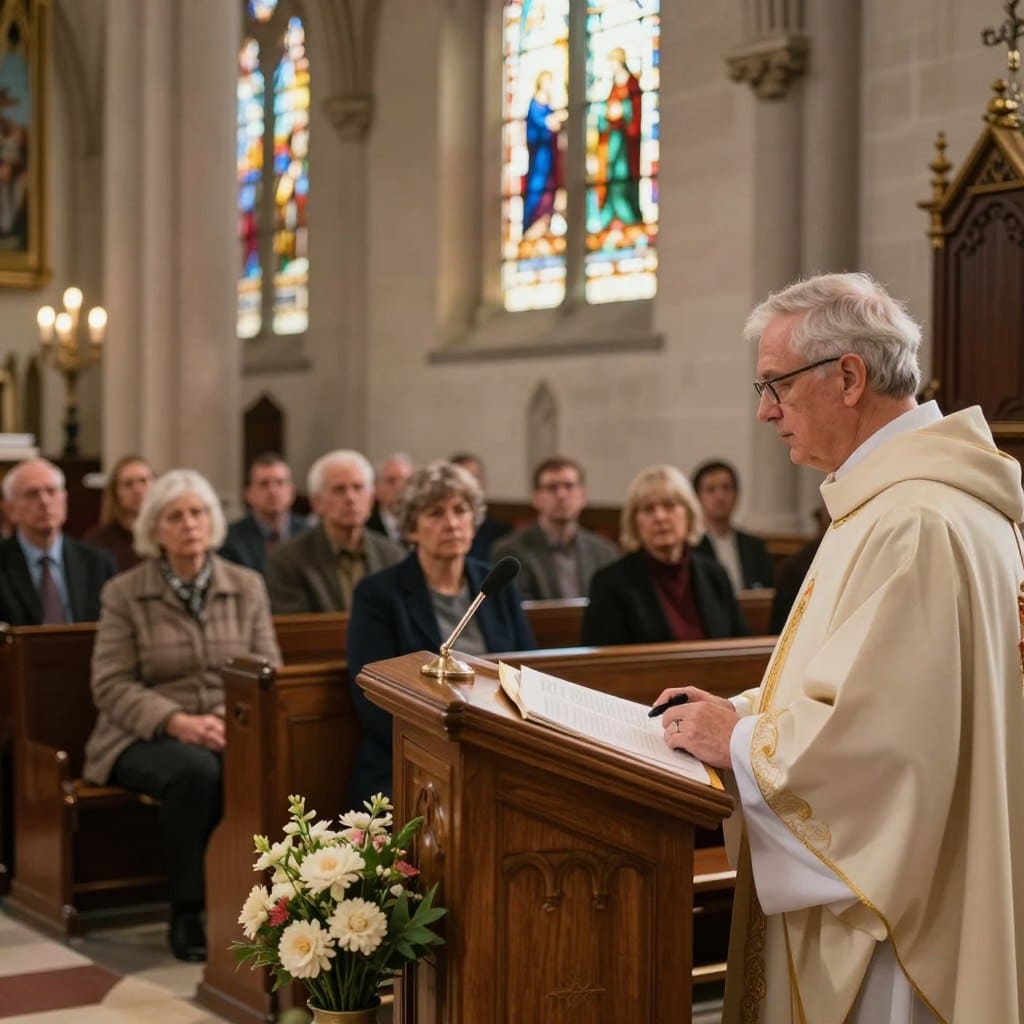 A serene church interior during the sixteenth Sunday in Ordinary Time, focusing on a gentle, wise figure in professional attire delivering a homily. The foreground features a polished wooden pulpit adorned with flowers, with soft, warm lighting illuminating the scene. In the middle, attentive parishioners listen intently, dressed in modest clothing, their expressions reflecting deep contemplation. In the background, stained glass windows filter in colorful light, casting an ethereal glow across the space. The atmosphere is tranquil, evoking a sense of spiritual reflection and inspiration. The image is designed to capture the essence of divine wisdom and community in worship. Homilysunday.com.