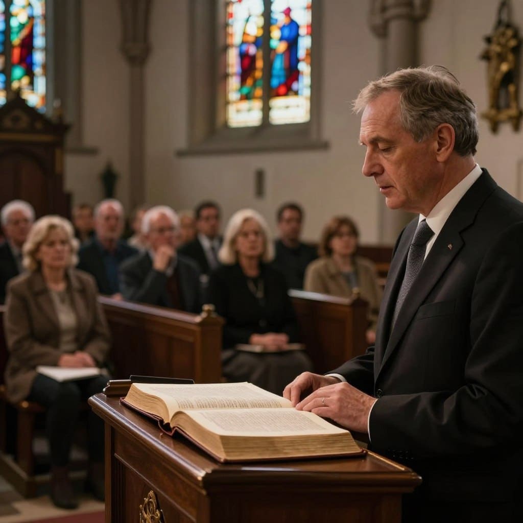A serene church interior, featuring a middle-aged pastor in professional business attire, delivering a thoughtful sermon from a pulpit. In the foreground, an open Bible rests on the pulpit, its pages gently illuminated by soft, warm lighting, symbolizing ancient scripture. The middle ground reveals a congregation of diverse individuals, attentively listening, some taking notes, while others reflect deeply. In the background, stained glass windows filter in vibrant colors that cast a subtle glow, enhancing the contemplative atmosphere. The overall mood is reflective and introspective, inviting viewers to connect the wisdom of the past with modern-day challenges. The image should have a warm color palette and a soft focus, echoing the tranquility of the moment. Homilysunday.com A serene church interior, featuring a middle-aged pastor in professional business attire, delivering a thoughtful sermon from a pulpit. In the foreground, an open Bible rests on the pulpit, its pages gently illuminated by soft, warm lighting, symbolizing ancient scripture. The middle ground reveals a congregation of diverse individuals, attentively listening, some taking notes, while others reflect deeply. In the background, stained glass windows filter in vibrant colors that cast a subtle glow, enhancing the contemplative atmosphere. The overall mood is reflective and introspective, inviting viewers to connect the wisdom of the past with modern-day challenges. The image should have a warm color palette and a soft focus, echoing the tranquility of the moment. Homilysunday.com
