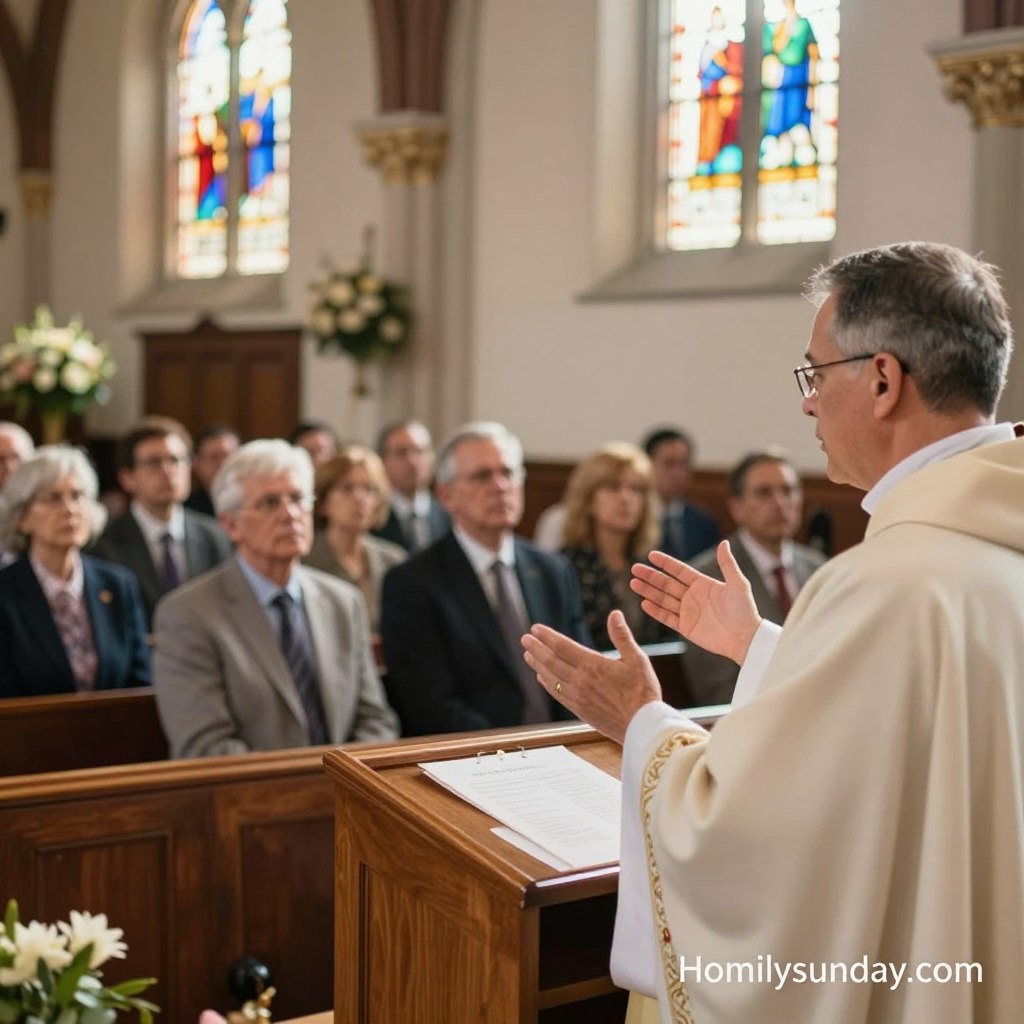 A serene church interior on a bright Sunday morning, filled with warm, natural light streaming through stained glass windows. In the foreground, a well-dressed priest delivering a passionate sermon from a wooden pulpit, hands gesturing expressively to engage the congregation. The middle ground features a diverse group of attentive parishioners, men and women in modest business attire, deeply focused on the message. In the background, ornate church decor with wooden beams and soft floral arrangements enhances the atmosphere of reverence and community. The overall mood is uplifting and inspiring, embodying the significance of the Sunday sermon in Catholic life. Capture this scene with a gentle depth of field, emphasizing the priest’s expression while softly blurring the audience. Include the website brand "Homilysunday.com" subtly in the corner.