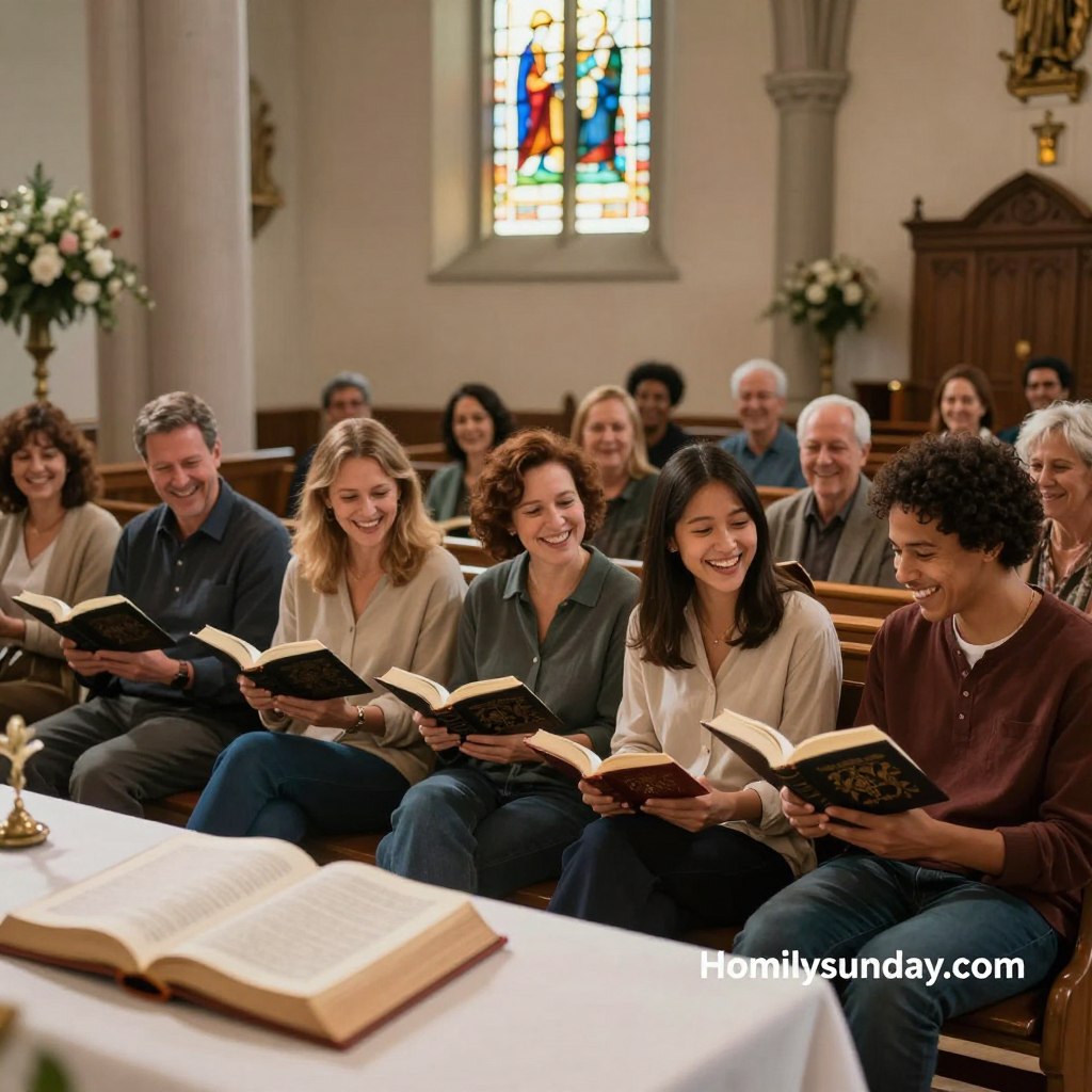 A serene church interior scene bathed in warm, soft lighting, showcasing a beautifully arranged altar with open scripture readings and a decorative Bible. In the foreground, a group of diverse and joyfully engaged individuals in modest casual clothing, reading and sharing light-hearted jokes, conveying a sense of camaraderie and uplifting spirit. In the middle ground, wooden pews filled with worshippers, smiling and interacting, while a softly glowing stained glass window enriches the atmosphere. In the background, subtle hints of religious symbols and flora complement the peaceful environment. The mood is light, inviting, and inspirational, reminding viewers of the joy in community and faith. Include the branding "Homilysunday.com" subtly in the composition without text overlays.
