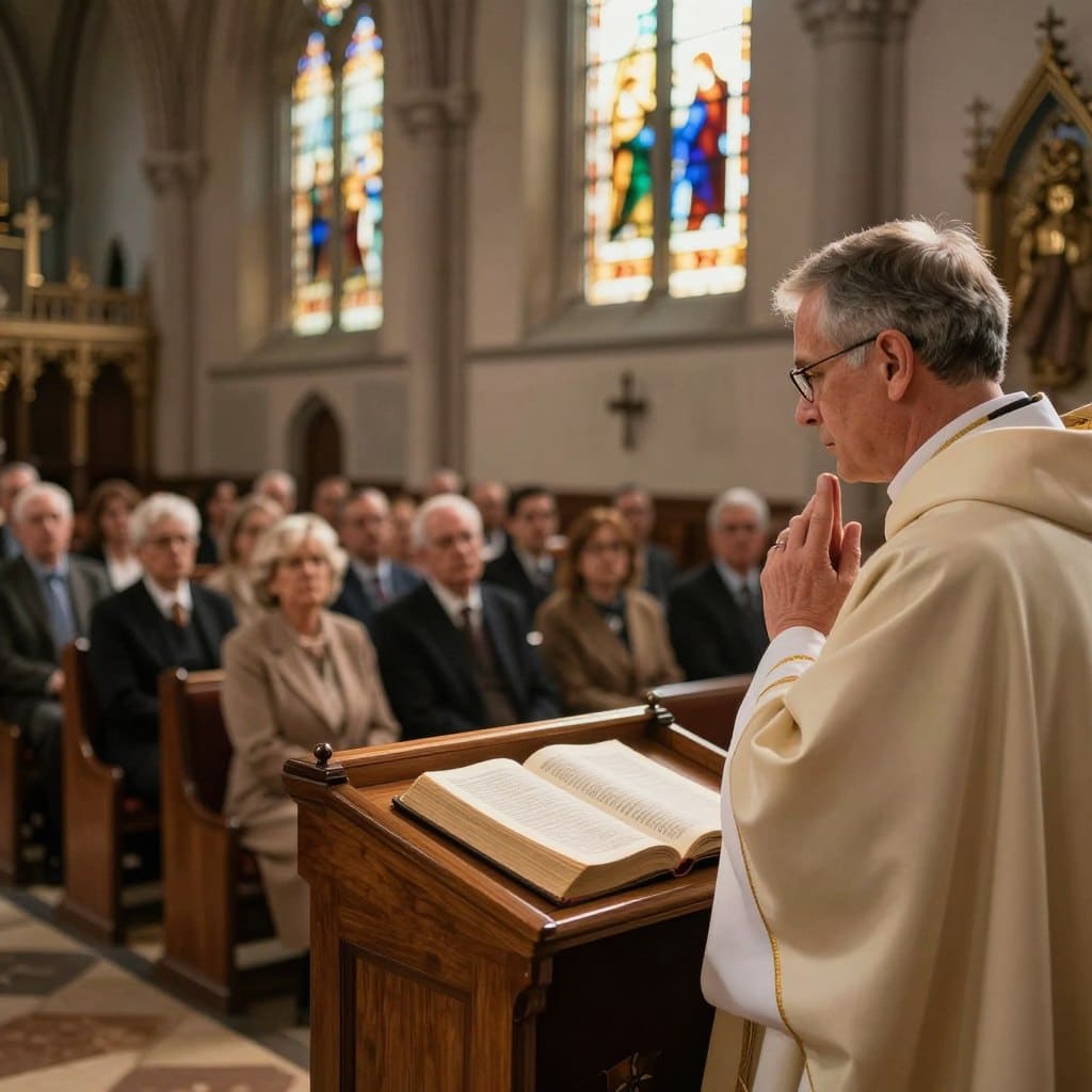 A serene church interior, softly lit by warm, golden sunlight filtering through stained glass windows. In the foreground, a thoughtful homilist, dressed in professional attire, stands at a wooden pulpit, passionately reflecting on scripture, with an open Bible in front of him. His expression conveys deep contemplation and connection with the congregation. The middle ground features attentive parishioners seated in pews, listening intently, their faces reflecting a mix of inspiration and reverence. In the background, the church’s architecture is rich with historical details, enhancing the sacred atmosphere. The overall mood is reflective and uplifting, evoking a sense of spiritual community and guidance. Homilysunday.com.
