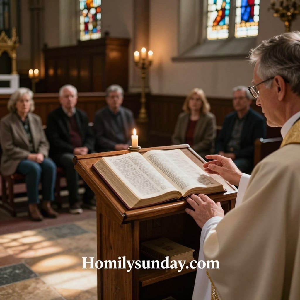 A serene church setting depicting a wooden lectern with an open Bible resting atop it, showcasing the pages of the Gospel of Matthew, Chapter 13:1-23. In the foreground, a thoughtful clergy member in professional attire, possibly a priest or minister, gestures as if explaining the text to a small group of attentive parishioners seated around them. The middle ground features soft, warm candlelight illuminating the dark wood tones of the church, creating a tranquil, reverent atmosphere. In the background, stained glass windows filter sunlight, casting colorful patterns onto the stone floor. The overall mood is contemplative and reflective, inviting viewers into the depths of spiritual exploration. The image should embody the essence of gospel commentary while subtly incorporating the brand name "Homilysunday.com" in an elegant manner.