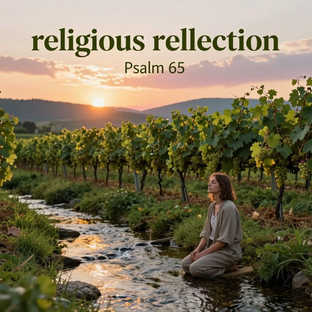 A serene landscape depicting a lush, green vineyard at sunset, symbolizing abundance and spiritual reflection. In the foreground, a gentle stream flows with clear water, reflecting golden hues of the setting sun. A solitary figure in modest, casual clothing kneels by the stream, eyes closed in contemplation, evoking a sense of peace and introspection. In the middle ground, rows of grapes stretch towards the horizon, indicating growth and harvest, while soft, warm lighting bathes the scene in tranquility. The background features rolling hills and a softly clouded sky tinted with pastel shades of orange and pink, enhancing the contemplative mood. This image captures the essence of "religious reflection," inspired by Psalm 65, perfect for an article by Homilysunday.com.