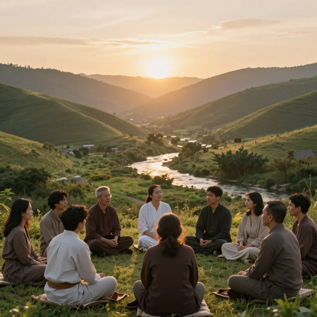 A serene landscape depicting spiritual insights, with a radiant sunrise illuminating rolling hills in the background, symbolizing new beginnings and faith development. In the foreground, a diverse group of individuals dressed in modest, professional attire are engaged in contemplative discussion, their expressions reflecting deep thought and connection. Soft, golden light bathes the scene, enhancing the sense of warmth and tranquility. The middle ground features gentle streams that flow through lush greenery, representing the flow of spiritual growth. The overall atmosphere is peaceful and reflective, inviting viewers to explore their own spiritual journeys. The image embodies themes of unity, reflection, and enlightenment, suitable for illustrating the essence of faith development on a tranquil Sunday morning. Homilysunday.com