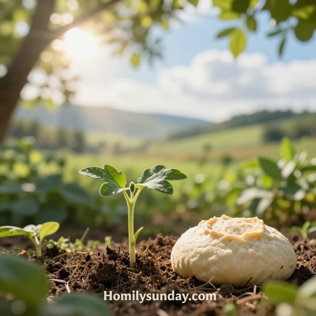 A serene landscape illustrating biblical reflections, focusing on a lush garden scene in vivid detail. In the foreground, a small mustard seed plant, vibrant green leaves gently reaching upwards, symbolizing growth and faith. Just beside it, a patch of yeast dough, risen and golden, representing transformation and the power of small beginnings. In the middle ground, sun-dappled rays filter through leafy branches, casting soft, warm light that enhances the tranquil atmosphere. The background reveals rolling hills under a soft blue sky with fluffy clouds, evoking a sense of peace and hope. Capture this composition with a slightly elevated angle, using a soft focus lens to impart a dream-like quality. The mood is inspiring, reflective, and serene, perfect for illustrating the lessons of faith. Include the brand name "Homilysunday.com" subtly integrated into the scene.