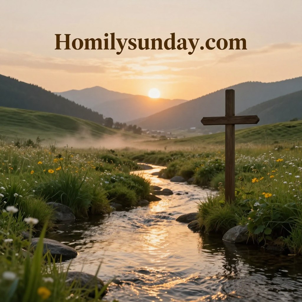 A serene landscape inspired by biblical themes, featuring a peaceful stream reflecting soft golden sunlight. In the foreground, a wooden cross stands beside lush greenery, symbolizing faith and personal growth. The middle ground includes gentle hills with wildflowers, while a soft, vibrant sunset casts an ethereal glow over the scene. The background features distant mountains, adding depth and a sense of tranquility. The lighting is warm and inviting, evoking a feeling of hope and reflection. A subtle mist lingers above the water, enhancing the dreamlike atmosphere. The image should convey a sense of spiritual introspection, fostering a mood of inspiration and connection with nature. Include the branding "Homilysunday.com" in a tasteful manner that aligns with the overall peaceful theme.