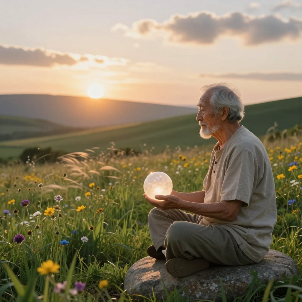 A serene landscape representing spiritual insights for daily living. In the foreground, a wise, elderly figure in modest casual clothing sits cross-legged on a smooth stone, holding a glowing crystal orb that emanates gentle light. The middle layer captures lush green grass and vibrant wildflowers swaying softly in a warm breeze, creating a soothing vibe. In the background, a radiant sunrise peeks over gentle hills, casting soft golden light across the scene. Ethereal wisps of clouds float peacefully in the sky, enhancing the tranquil atmosphere. The overall mood is one of calm reflection, guidance, and inspiration, inviting viewers to contemplate their own journey. This image reflects the theme of spiritual enlightenment, aligning with the essence of Homilysunday.com.