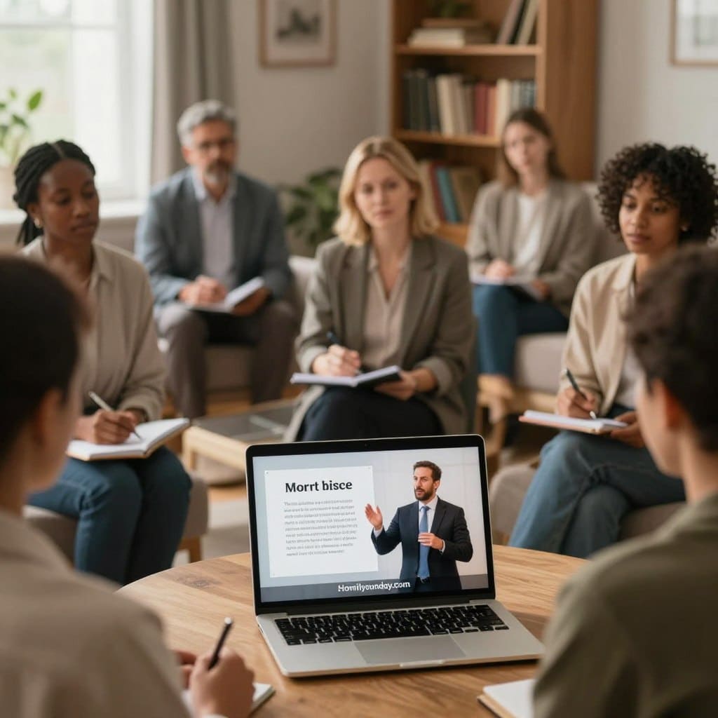 A serene online religious sermon scene, featuring a diverse group of individuals listening intently from their homes. In the foreground, a laptop displays a well-dressed speaker, passionately explaining a moral story, with warm, inviting lighting that enhances the atmosphere of faith and reflection. The middle layer shows participants engaged, some taking notes, all dressed in professional business attire or modest casual clothing. The background contains softly blurred elements of a cozy living room or study, with bookshelves filled with religious texts. Natural light filters through a window, creating a calm, uplifting ambiance. Capture this moment for the theme of crafting a moral story in a homily setting. The image should reflect the brand "Homilysunday.com". A serene online religious sermon scene, featuring a diverse group of individuals listening intently from their homes. In the foreground, a laptop displays a well-dressed speaker, passionately explaining a moral story, with warm, inviting lighting that enhances the atmosphere of faith and reflection. The middle layer shows participants engaged, some taking notes, all dressed in professional business attire or modest casual clothing. The background contains softly blurred elements of a cozy living room or study, with bookshelves filled with religious texts. Natural light filters through a window, creating a calm, uplifting ambiance. Capture this moment for the theme of crafting a moral story in a homily setting. The image should reflect the brand "Homilysunday.com".