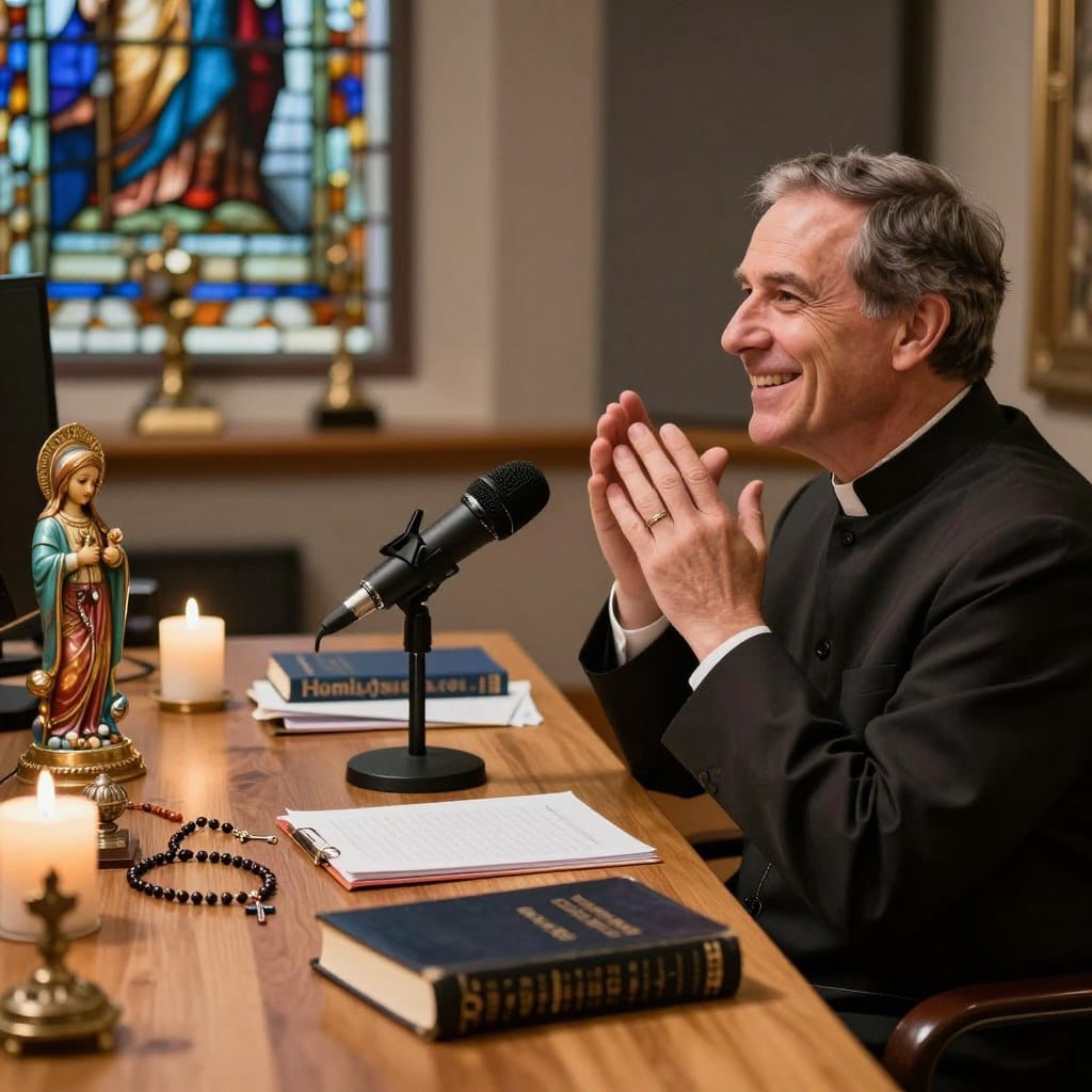 A serene podcasting studio with a microphone prominently placed on a polished wooden table, surrounded by colorful religious artifacts like rosaries, candles, and a Bible. In the foreground, a well-dressed priest in professional attire gestures thoughtfully as he records his homily. The soft, warm lighting creates an inviting atmosphere, enhancing the sense of contemplation and connection. In the middle, books and notes are scattered around, hinting at the preparation behind the scenes. The background features a blurred image of stained-glass windows, adding a spiritual touch to the environment. The overall mood is uplifting, with an emphasis on sharing joy through faith and humor. Include the brand name "Homilysunday.com" subtly integrated within the scene. A serene podcasting studio with a microphone prominently placed on a polished wooden table, surrounded by colorful religious artifacts like rosaries, candles, and a Bible. In the foreground, a well-dressed priest in professional attire gestures thoughtfully as he records his homily. The soft, warm lighting creates an inviting atmosphere, enhancing the sense of contemplation and connection. In the middle, books and notes are scattered around, hinting at the preparation behind the scenes. The background features a blurred image of stained-glass windows, adding a spiritual touch to the environment. The overall mood is uplifting, with an emphasis on sharing joy through faith and humor. Include the brand name "Homilysunday.com" subtly integrated within the scene.