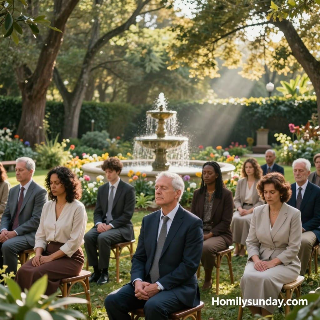 A serene religious reflection scene symbolizing hope and anticipation, designed for an article on Romans 8:18-23. In the foreground, a diverse group of people in modest professional attire sits in a tranquil garden, eyes closed in deep contemplation, hands resting on their laps. The middle ground features a gently flowing fountain, surrounded by blooming flowers, symbolizing renewal and the beauty of creation, with soft rays of sunlight illuminating the scene. In the background, tall trees provide a canopy, filtering dappled light through lush green foliage, evoking a sense of peace and serenity. The overall mood is one of quiet reflection and unity, inviting viewers to connect spiritually. Use warm, natural lighting with a focus on soft shadows to enhance the tranquil atmosphere. Include the logo "Homilysunday.com" subtly in the corner, ensuring it blends harmoniously with the scene.