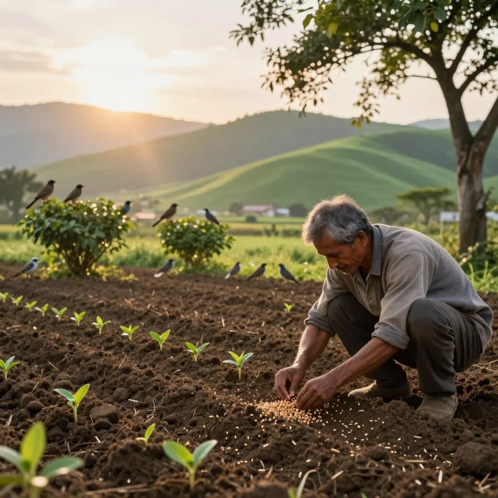 A serene rural landscape at sunrise, depicting a farmer scattering seeds across fertile soil. In the foreground, the farmer, dressed in modest casual clothing, thoughtfully engages with the ground, symbolizing hope and labor. Scattered seeds lie on the rich earth, while small, vibrant plants begin to sprout, illustrating growth and potential. In the middle ground, a variety of birds perch on nearby bushes, representing the distractions and challenges faced in nurturing one’s dreams. The background features lush green hills against a softly illuminated sky, creating a warm and uplifting atmosphere. Gentle rays of sunlight filter through the trees, casting a magical glow, enhancing the theme of care and perseverance. This image captures the essence of the moral story inherent in the Parable of the Sower. Homilysunday.com.