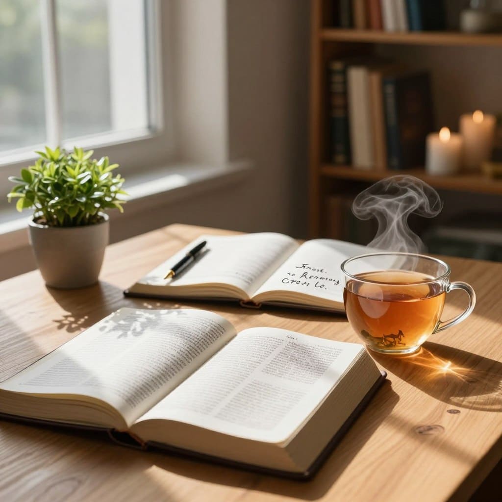 A serene study environment featuring a beautifully arranged wooden table, softly illuminated by warm, natural light streaming through a large window. In the foreground, an open Bible rests beside a steaming cup of herbal tea, its pages gently fluttering. The middle ground showcases a journal filled with handwritten reflections, a sleek fountain pen lying nearby, and a small, vibrant potted plant adding a touch of life. In the background, a bookshelf lined with spiritual texts and candles creates a calming atmosphere. The overall mood is contemplative and peaceful, inviting deep reflections on Sunday readings. Artistically framed to emphasize the interplay of light and shadow, capturing the essence of thoughtful spirituality, suitable for an article on Homilysunday.com. A serene study environment featuring a beautifully arranged wooden table, softly illuminated by warm, natural light streaming through a large window. In the foreground, an open Bible rests beside a steaming cup of herbal tea, its pages gently fluttering. The middle ground showcases a journal filled with handwritten reflections, a sleek fountain pen lying nearby, and a small, vibrant potted plant adding a touch of life. In the background, a bookshelf lined with spiritual texts and candles creates a calming atmosphere. The overall mood is contemplative and peaceful, inviting deep reflections on Sunday readings. Artistically framed to emphasize the interplay of light and shadow, capturing the essence of thoughtful spirituality, suitable for an article on Homilysunday.com.